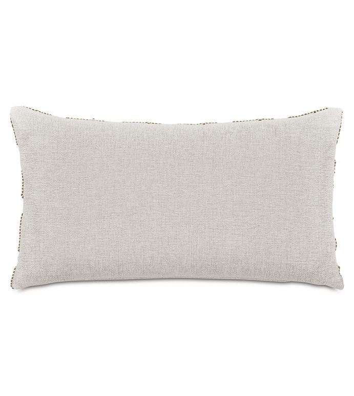 The WREN JUTE pillow by Eastern Accents features a rectangular, light gray fabric with subtle texture and small, evenly spaced decorative studs along the edges—ideal for adding boho style to your bedding. Set against a white background.