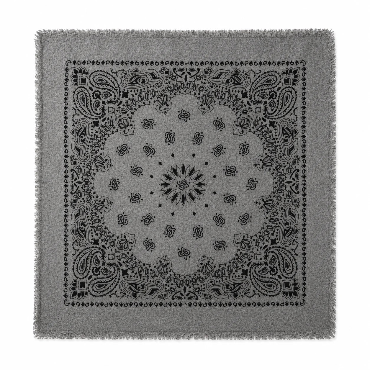 Anthra Noir bandana with black paisley and floral print, fringed edges, by KUJTEN.