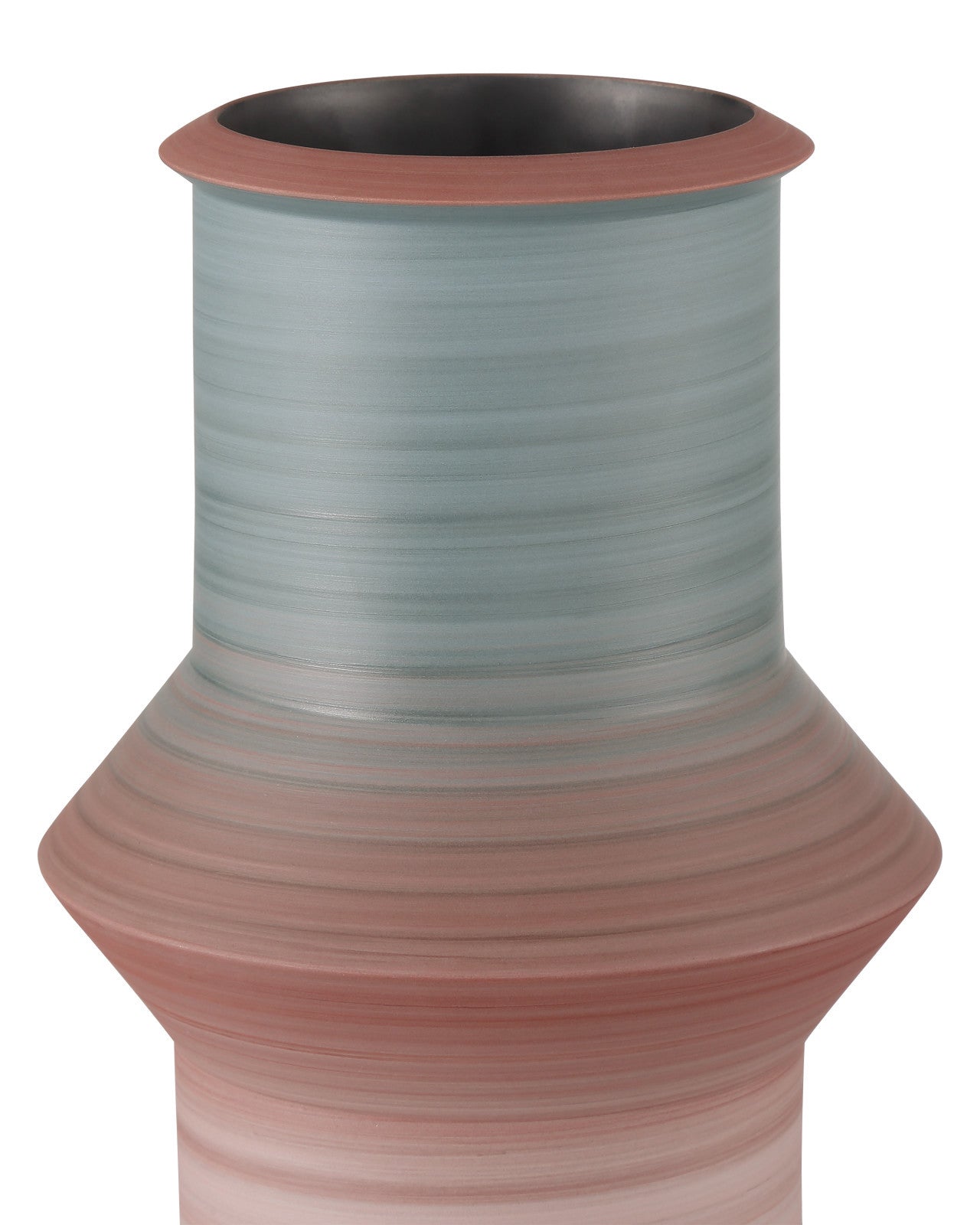 The Currey &amp; Company, Inc. 80&#39;s Vase Blue/Red is a modern ceramic piece with a wide, flared midsection and tall neck, featuring horizontal blended stripes in muted blue, pink, and brown—ideal for vintage home decor.