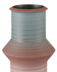 The Currey & Company, Inc. 80's Vase Blue/Red is a modern ceramic piece with a wide, flared midsection and tall neck, featuring horizontal blended stripes in muted blue, pink, and brown—ideal for vintage home decor.
