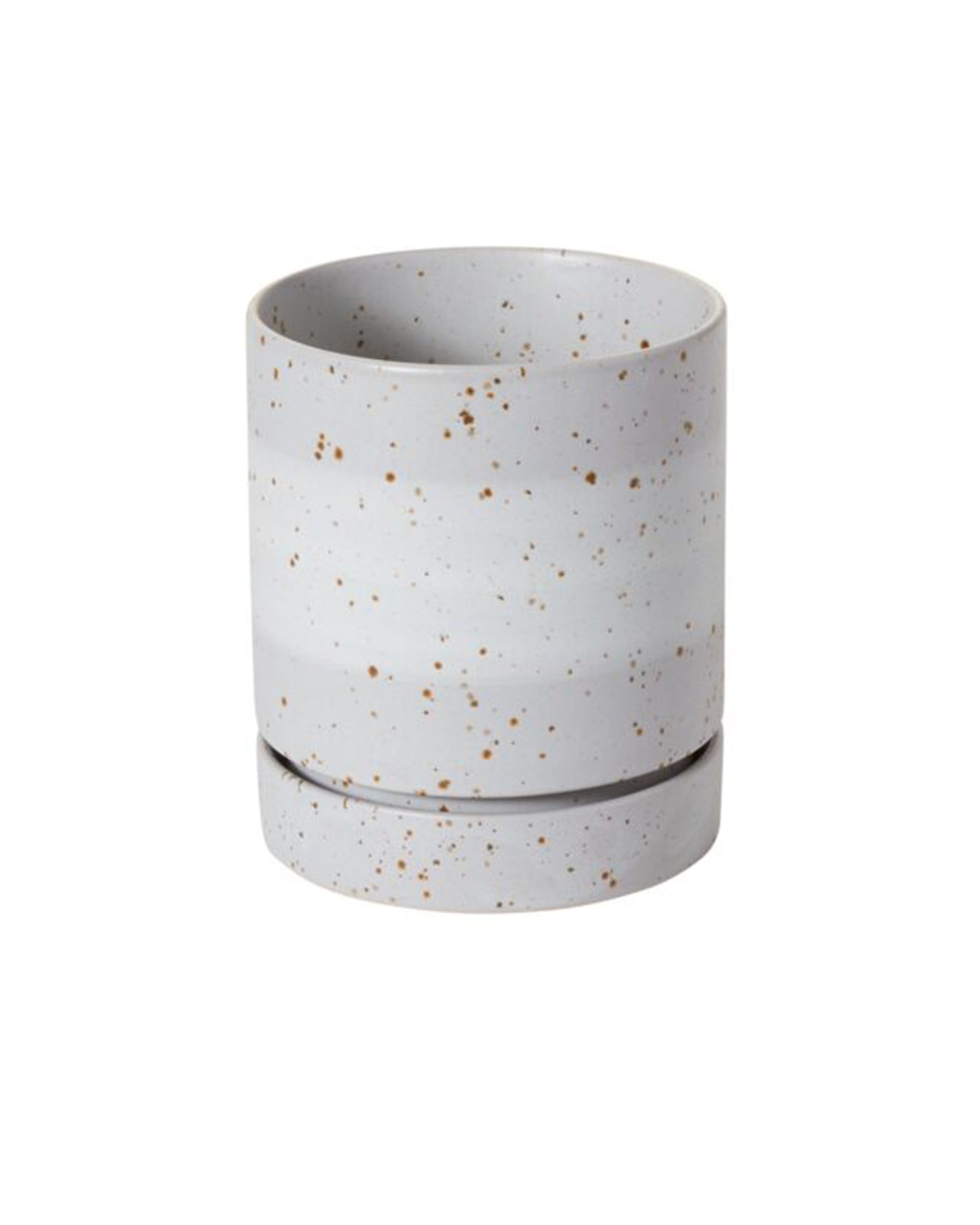 The Accent Decor 52227 La Jolla Pot with Saucer L is a cylindrical white ceramic planter with brown speckles and a matching round saucer, shown against a plain white background.