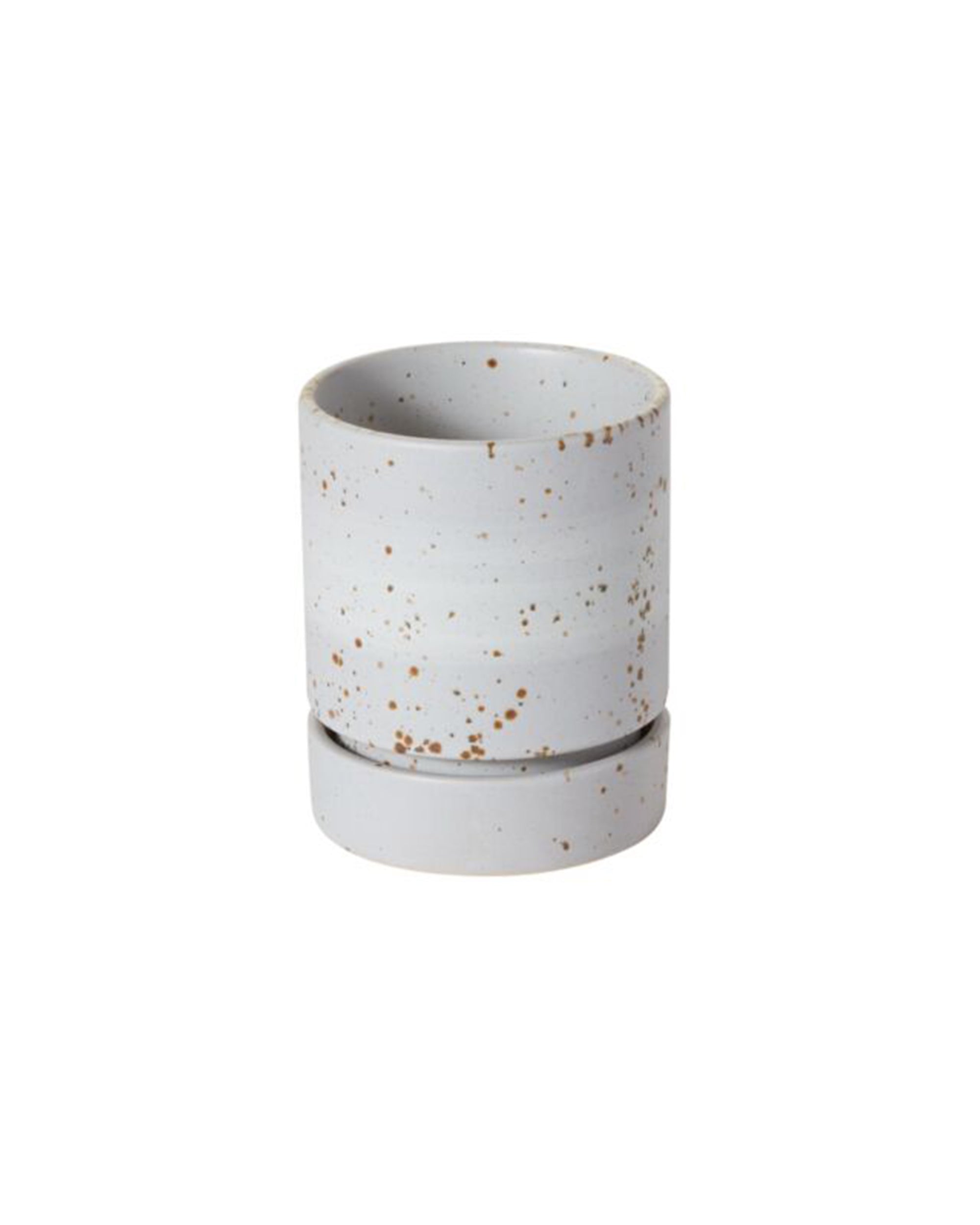 The Accent Decor 52226 La Jolla Pot with Saucer S is a cylindrical white ceramic planter with brown speckles and a matching saucer, shown on a plain white background.