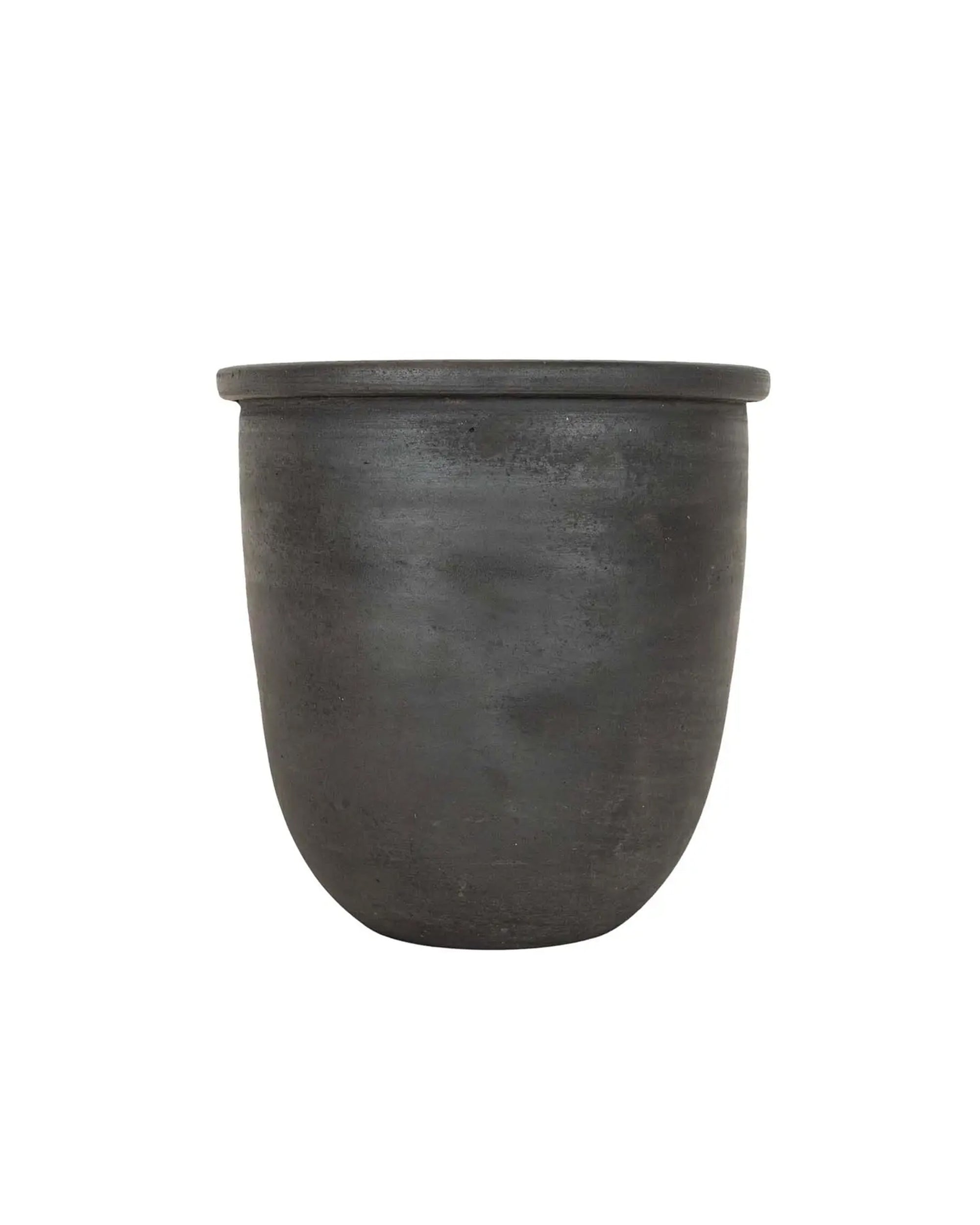 The Faire Lachlan Vase is a handmade planter with a matte black finish, rounded bottom, slightly flared rim, and smooth texture, shown against a plain white background.