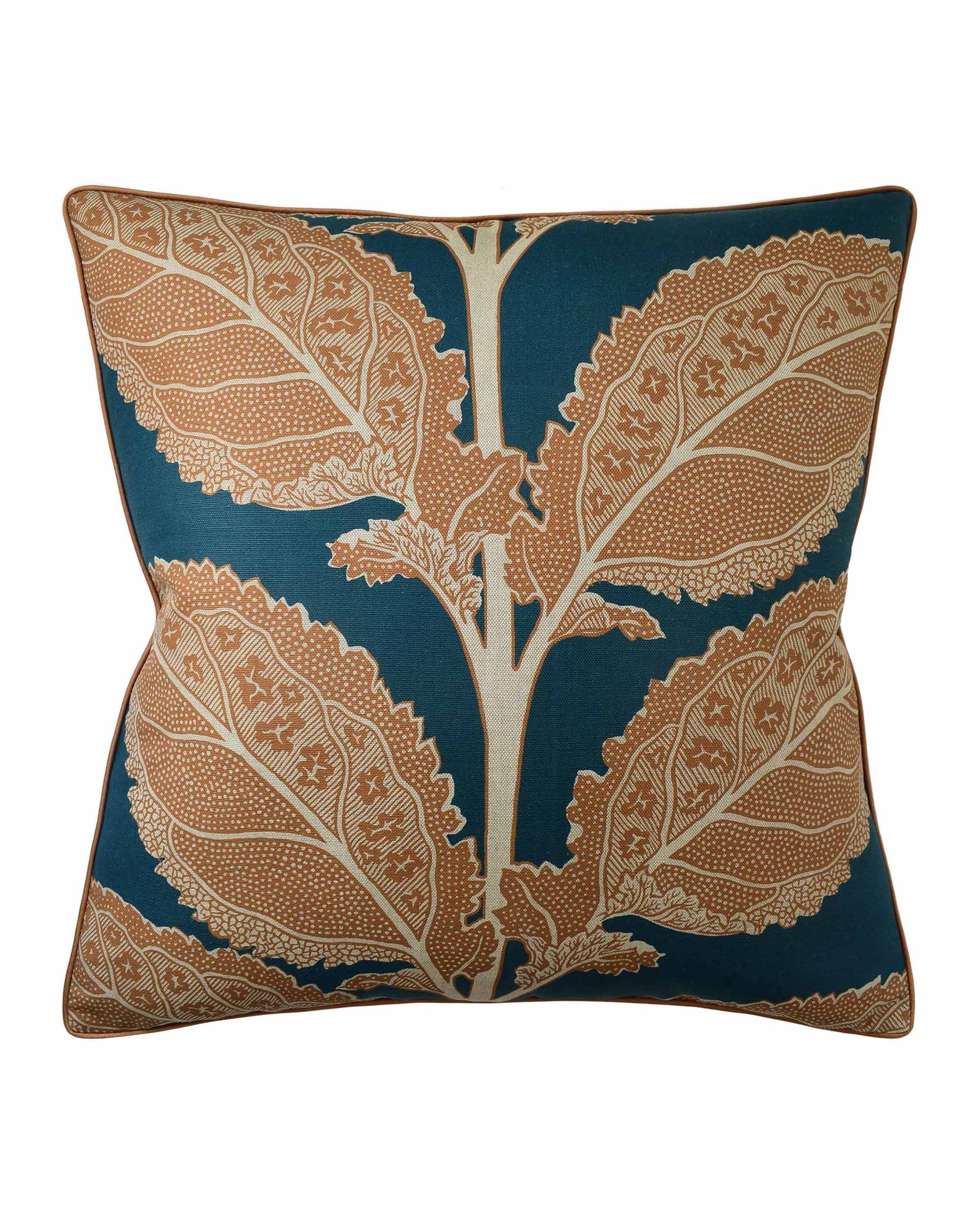 The Lacinat Ocher Mineral pillow by Ryan Studio is a 22x22” linen-cotton accent with a striking brown and beige leaf pattern on dark blue, featuring an intricate design and hidden zipper for a seamless finish.