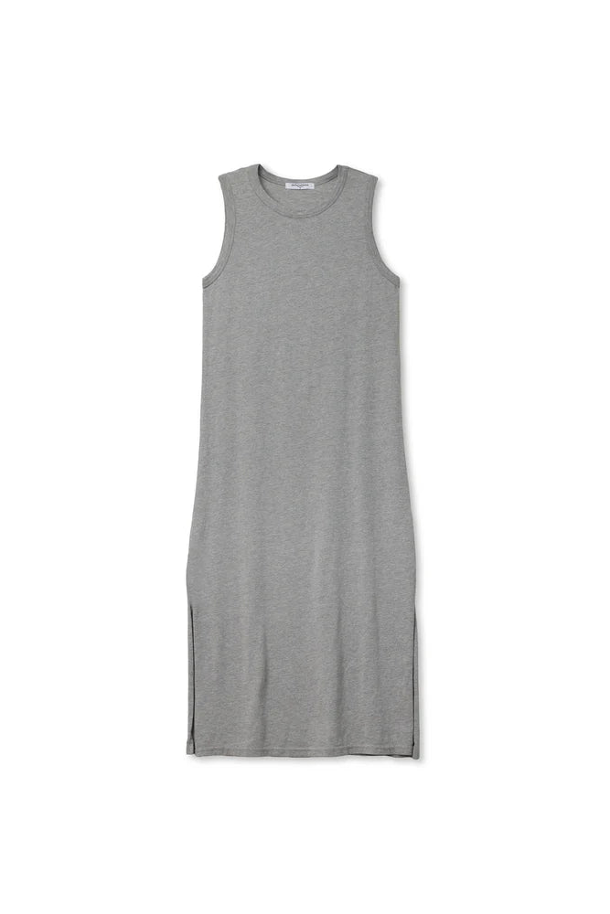 The Lanell Cotton Tank Dress by Perfectwhitetee is a sleeveless, knee-length gray dress with a relaxed fit, crew neckline, small side slits, and made from soft cotton. Shown laid flat on a white background.