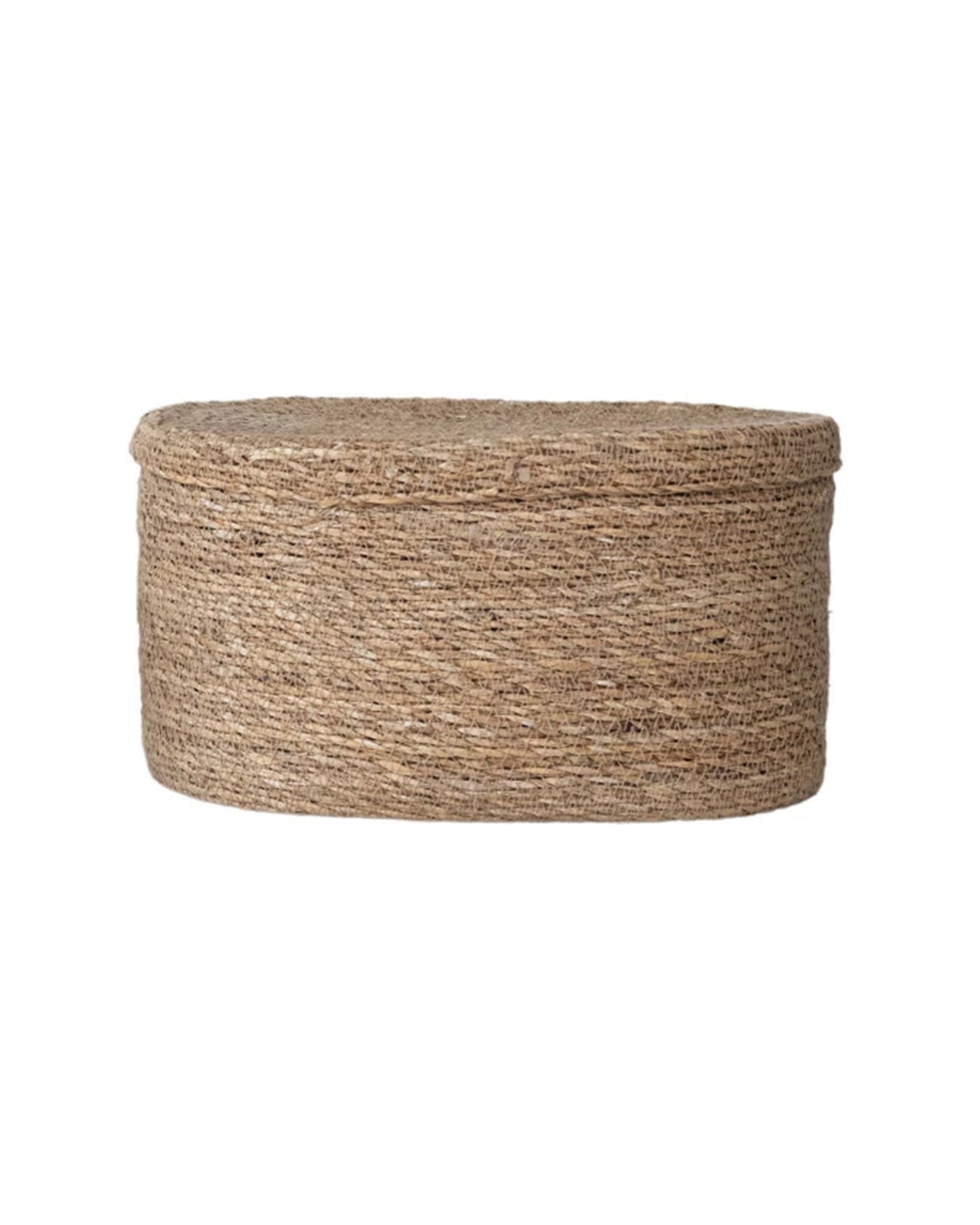 The Creative Co-op Sea Grass Basket (Long Oval) is a hand-woven, light brown basket with a lid—ideal for stylish home storage and shown against a plain white background.