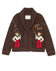 The Lasso Lodge Cardigan by The Great Inc. is a brown knit sweater with two lasso-wielding cowgirls in red pants and "YEE HAW" in yellow yarn—a playful nod to western nostalgia.
