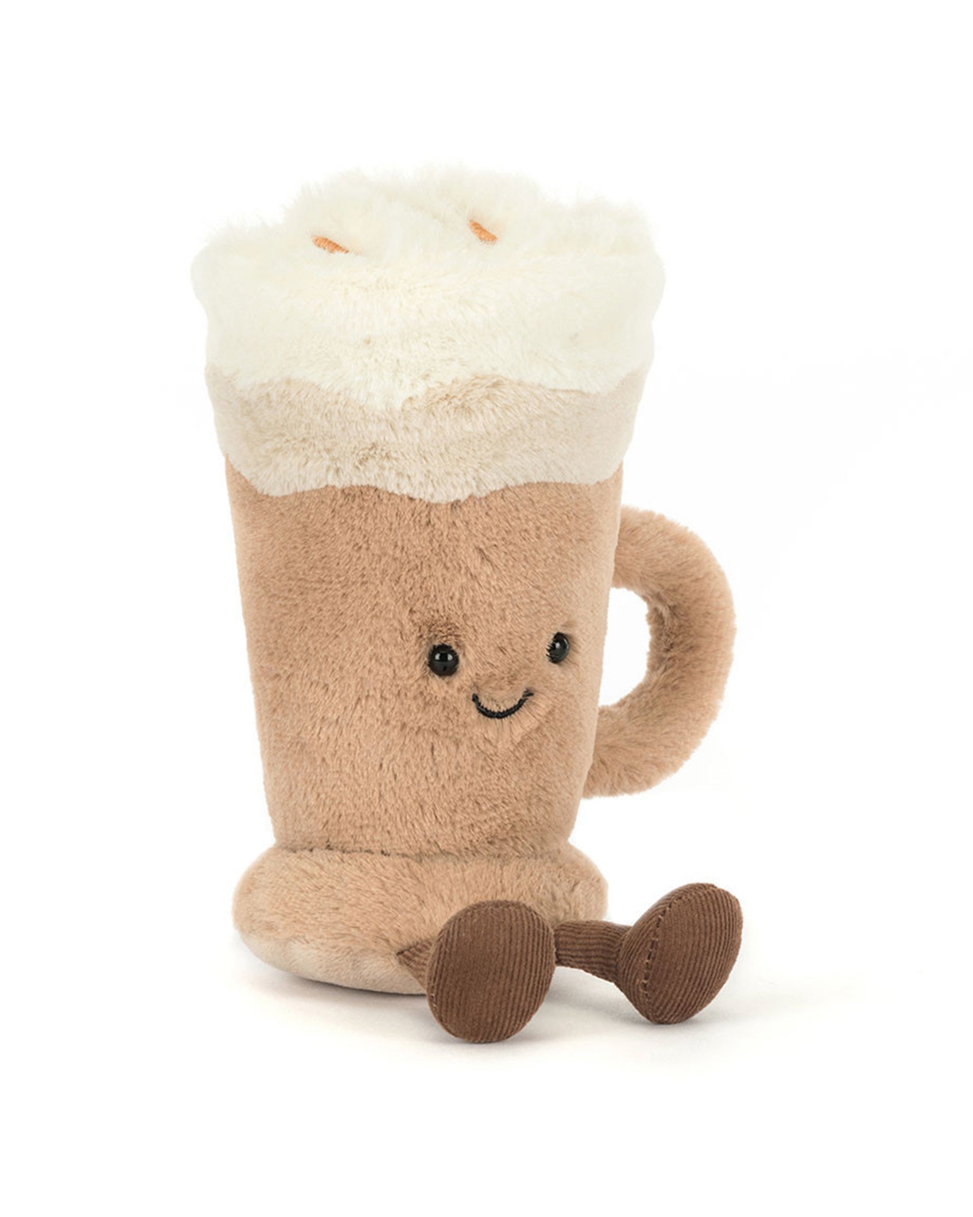 The Jelly Cat Inc. Amuseables Latte is a soft plush toy shaped like a mug, featuring a frothy top, smiling face, and dangling brown legs, sitting upright on a white background.