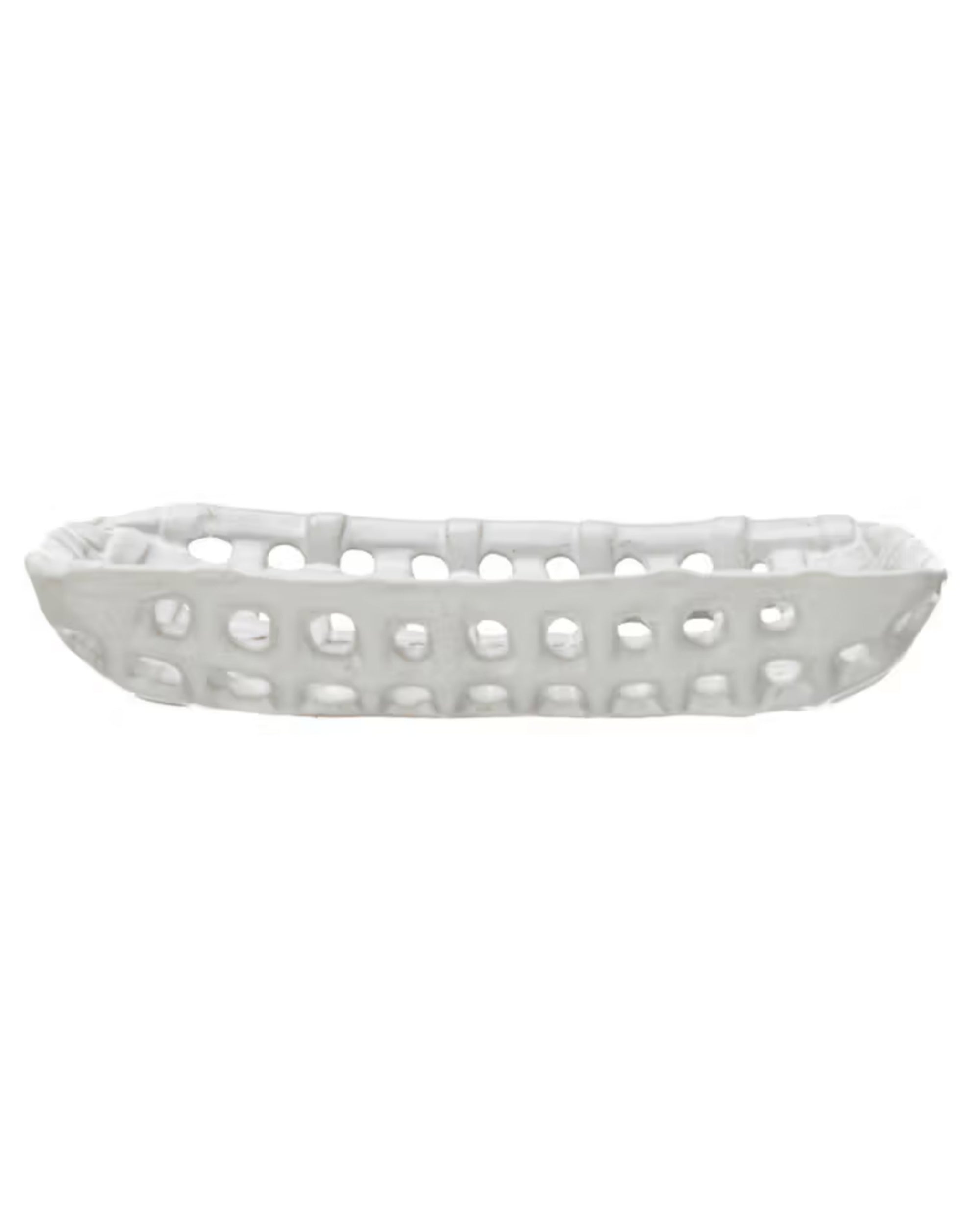 The Creative Co-op Square Lattice Dish features an open lattice design with raised sides and a white finish, shown from the side on a plain white background.
