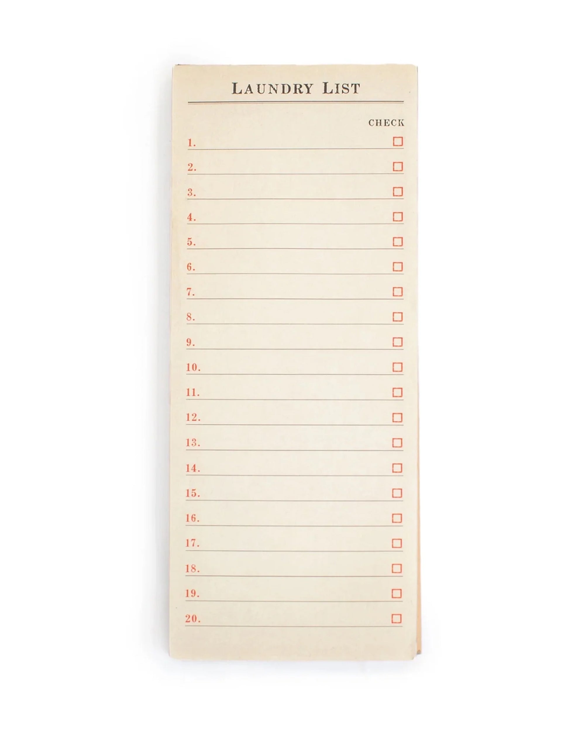 The Sugarboo Designs Laundry List Notepad is a 4" x 10" pad with numbers 1–20 in red, lines for notes, checkboxes, and a crisp white background. Includes 100 pages—perfect for organizing all your to-do lists.