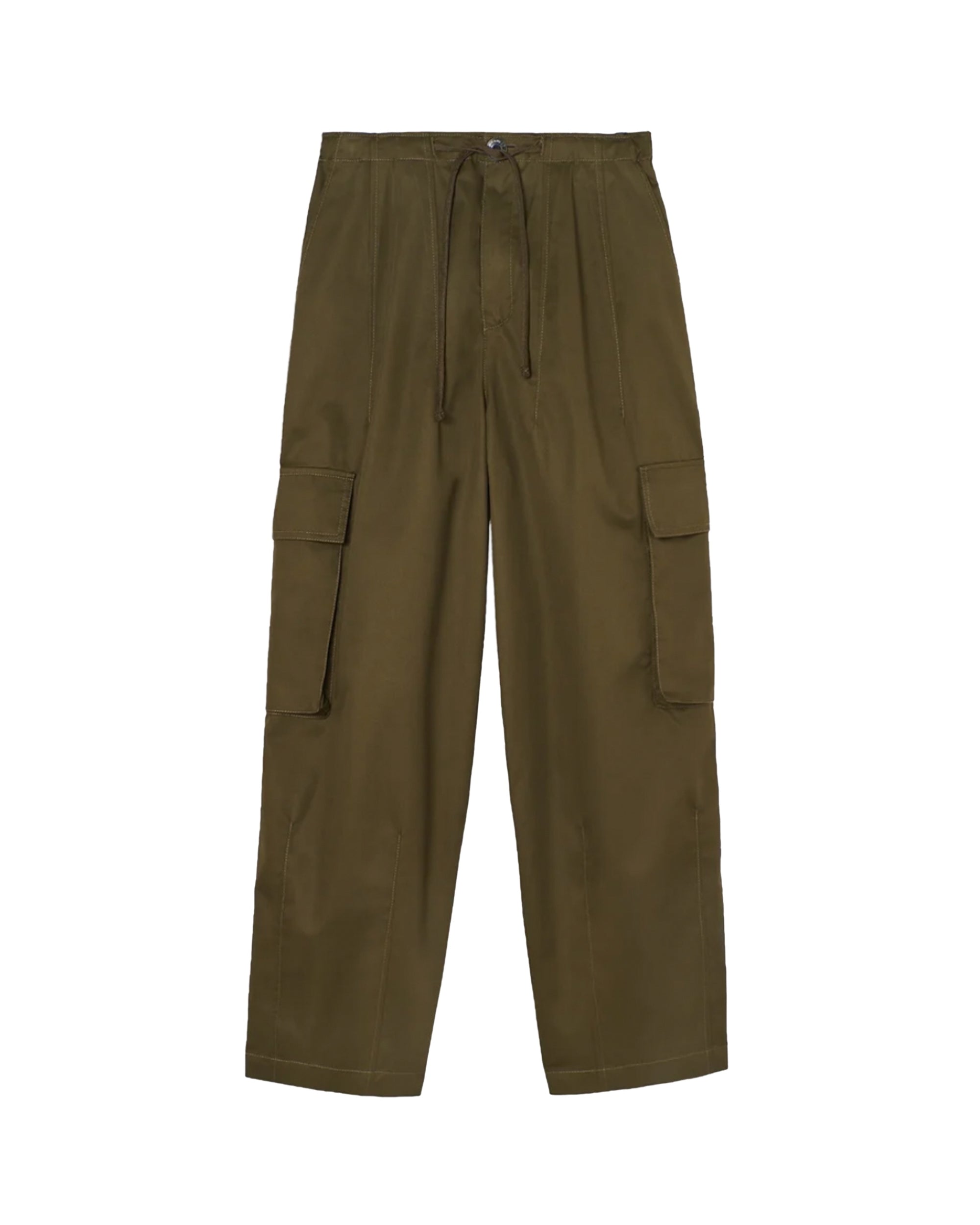 Olive green Psophia women’s trousers with drawstring waist and large patch pockets, flat lay on white background.