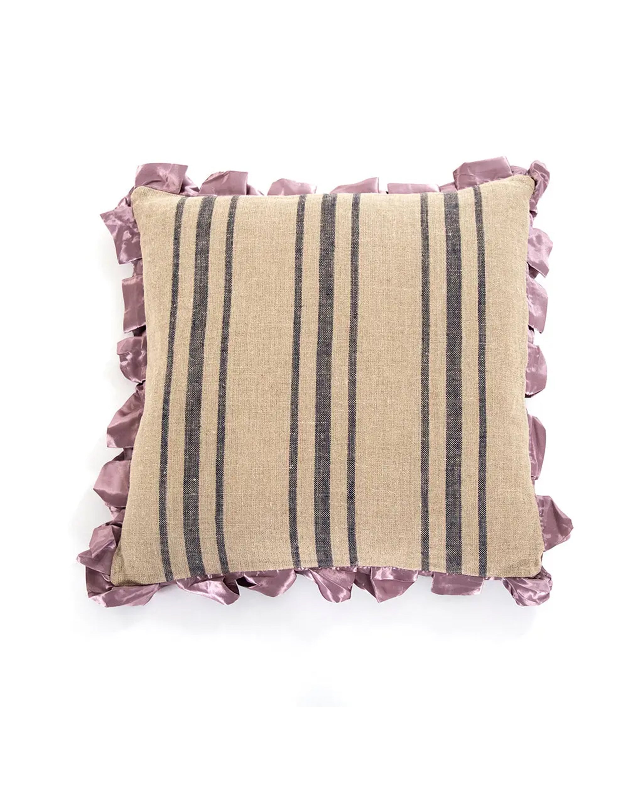 The Zentique P11 #4 Skirted Pillow / Lavender is a 22 x 22 decorative pillow with vertical dark gray stripes and a ruffled mauve border, elegantly set against a white background.