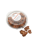 A round plastic container of Faire LC Peanut Brittle 12oz sits open, showing crunchy peanut brittle inside. Three pieces of the candy are arranged outside the container on a white background.