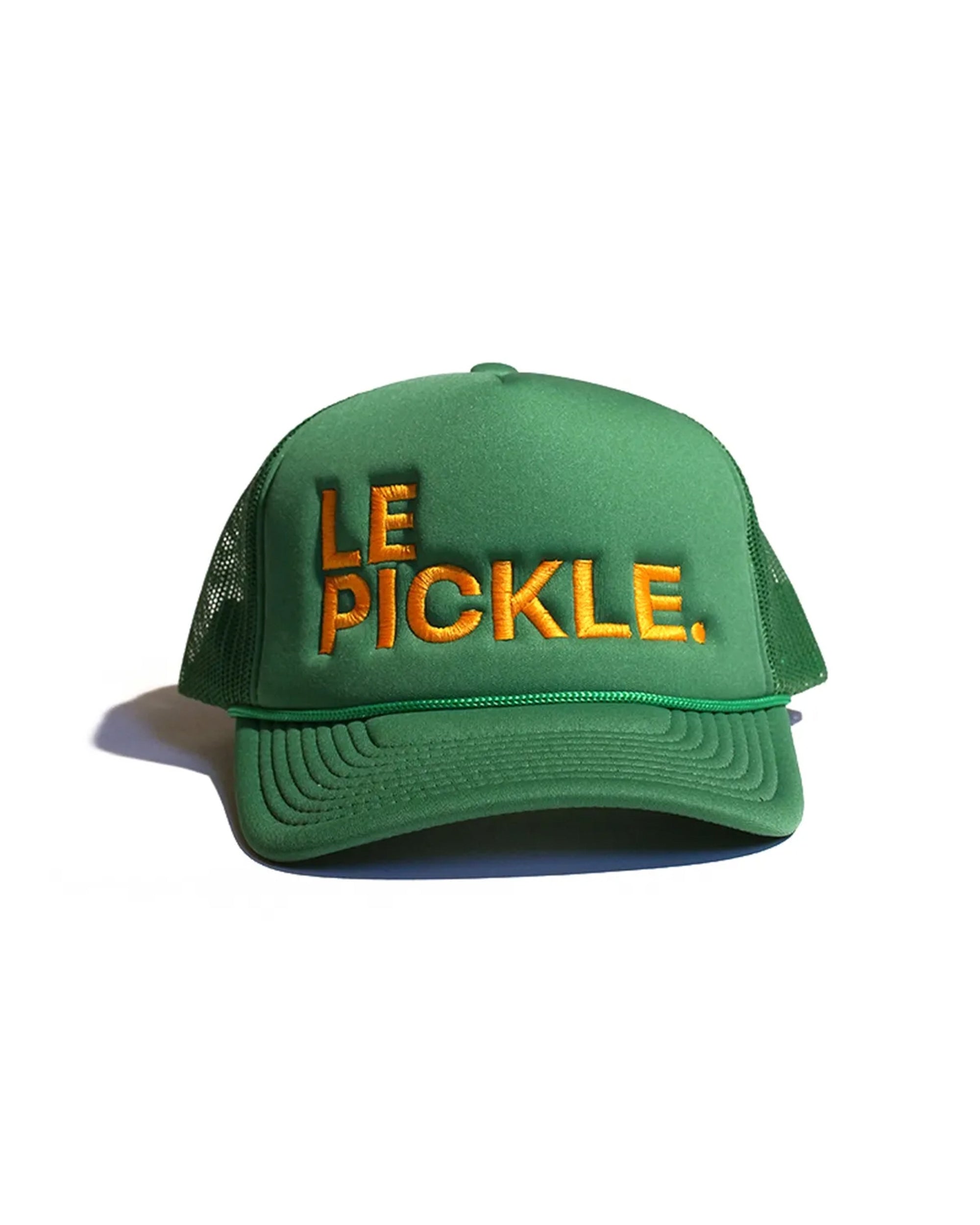 The Le Pickle Hat by Ping Pong Surf Club is a kelly green cap featuring yellow embroidered "LE PICKLE." on the front and a classic snapback closure for an adjustable fit, shown against a white background.