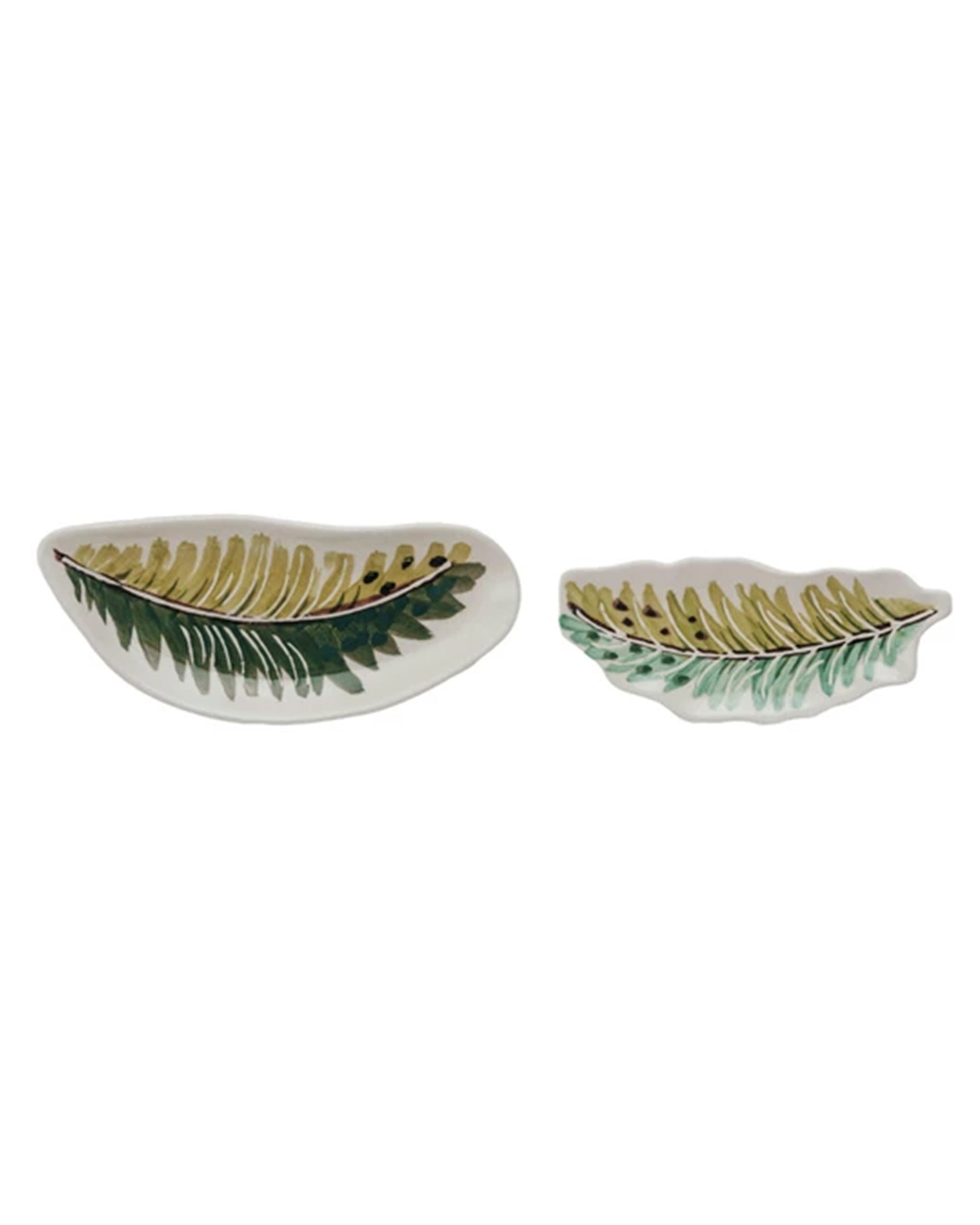 The Creative Co-op Stoneware Bowl Assorted set features two leaf-shaped bowls with green and yellow patterns, food safe and sized large and small. Both dishes are pictured on a white background.