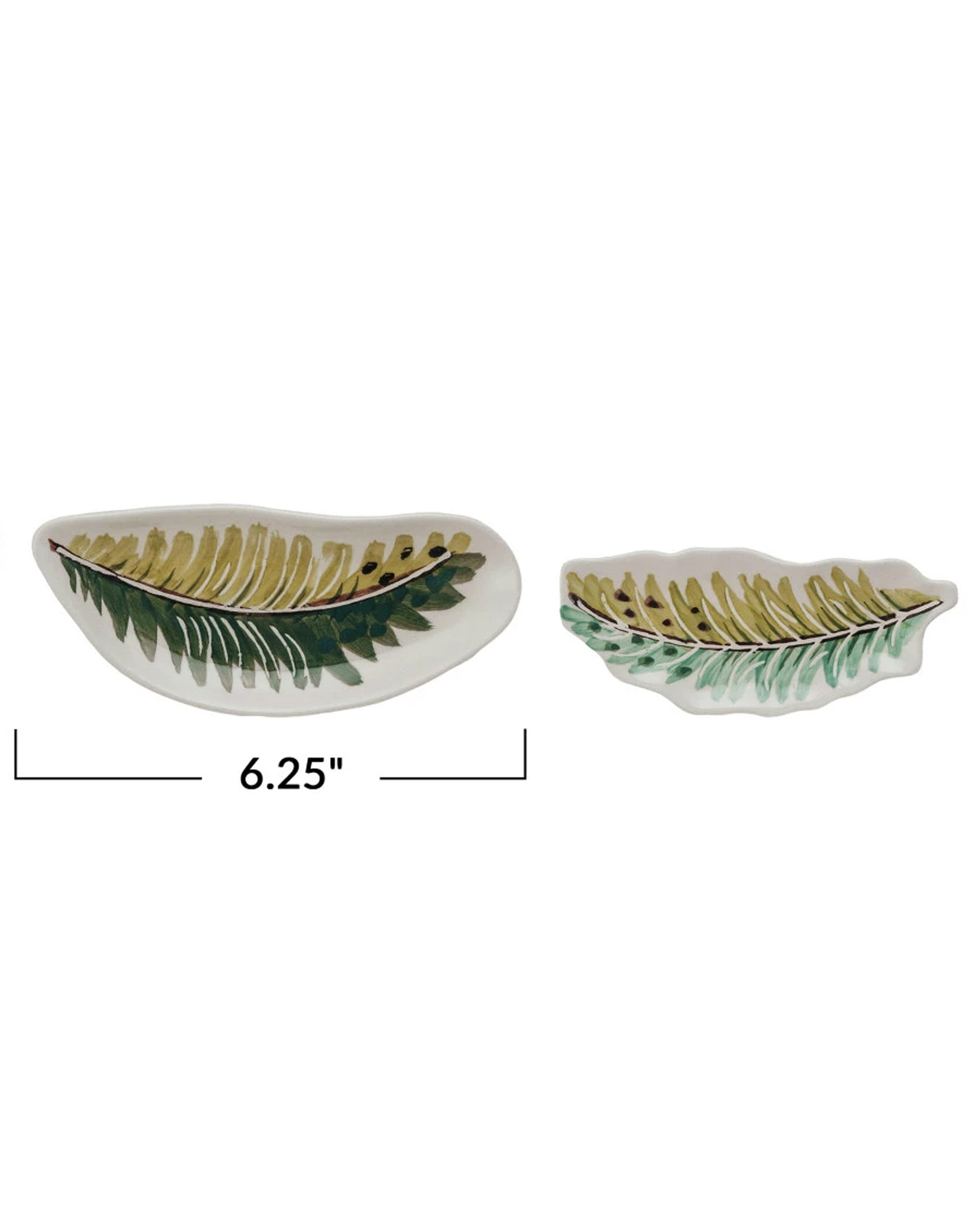 Set of two Creative Co-op Stoneware Bowl Assorted dishes, leaf-shaped with a green and yellow fern design. Largest is 6.25" long. Food safe—ideal for serving snacks or holding trinkets.