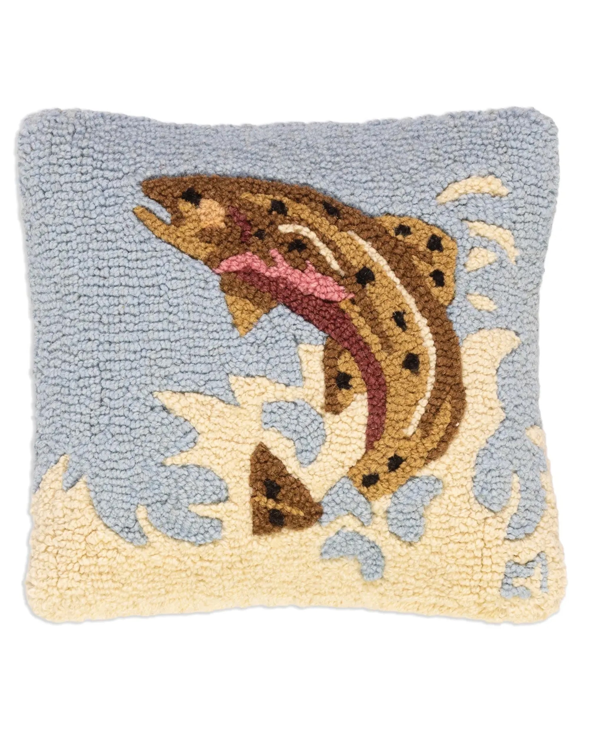 The Faire C4C Leaping Brown Trout Pillow 14x14 is hand hooked from natural wool, showcasing a brown trout leaping from blue and beige water with lively splashes.