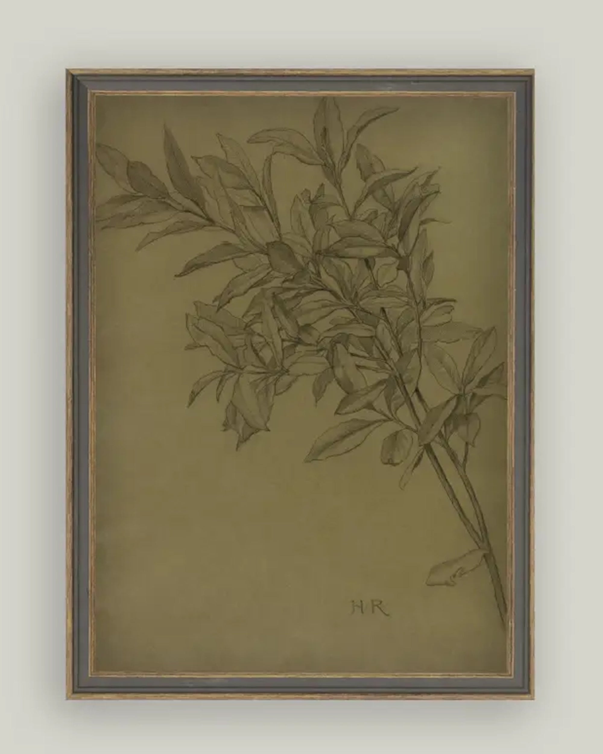 Leaves On Green Framed Art by Petal Lane Home features a pencil sketch of leafy branches on a muted beige background, detailed with fine lines and shading. The artist’s initials "HR" are at the bottom right corner.