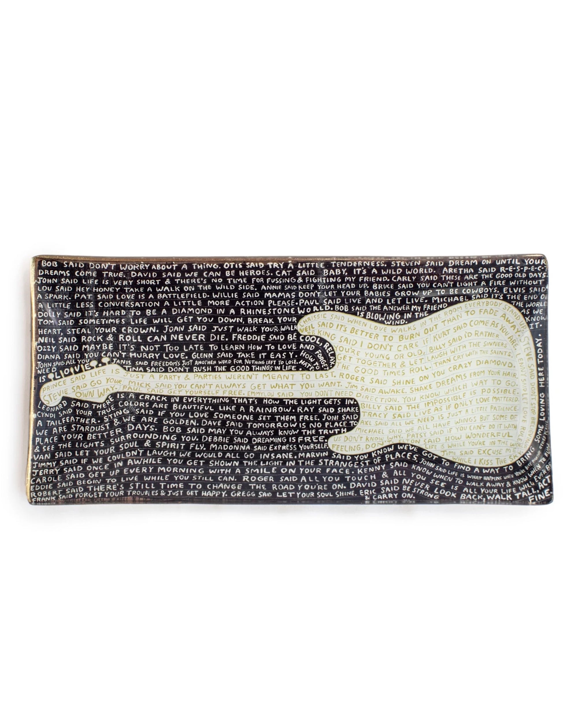 The Sugarboo Designs Legends Rectangle Plate features a black background with handwritten white and yellow text forming a guitar outline—perfect as a unique jewelry holder or for displaying decorative plates.