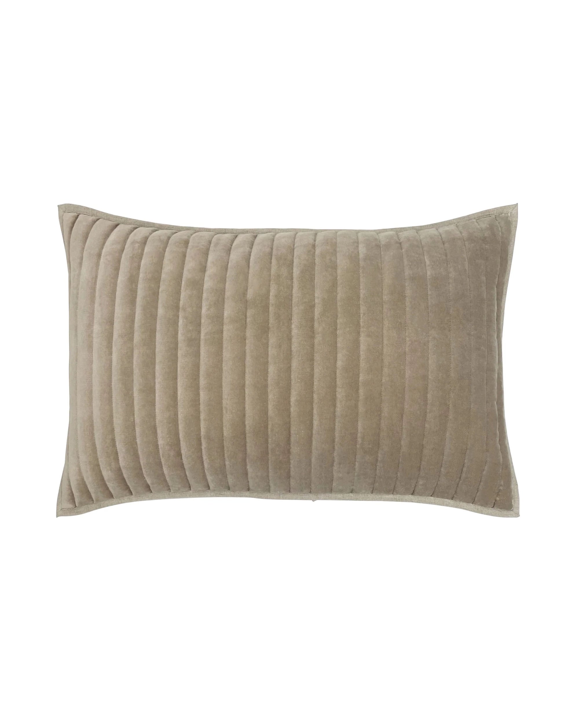 The Lennon Dutch Euro Sham Beige by Avasa Bedding features a rectangular design in soft cotton velvet with vertical channel stitching and recycled poly fiber fill for plush comfort.