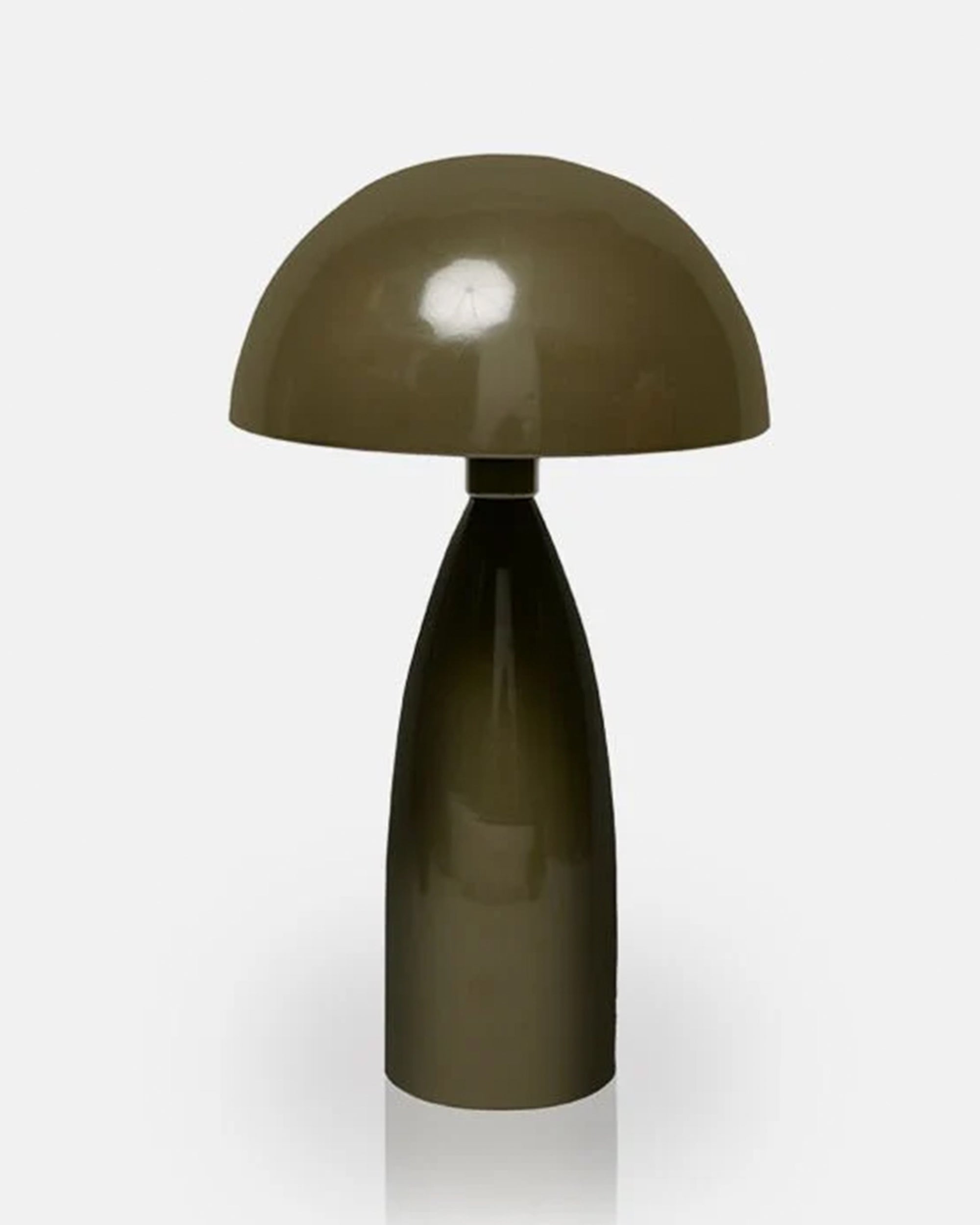 The H8-007 Leoma Lamp by Abigail Ahern features a modern design with a shiny olive green finish, rounded dome shade, and smooth cylindrical base, displayed against a plain white background.