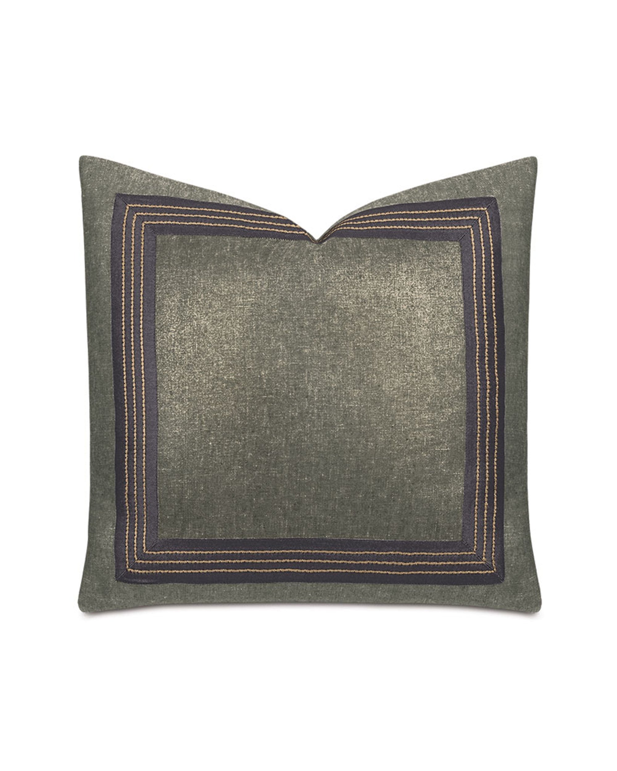 The Leonis Stitch Border pillow by Eastern Accents is a square gray decorative piece with a subtle sheen, dark border, and thin gold and black stitched rectangles near the edges. Pillow insert included; shown on a white background.
