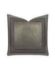 The Leonis Stitch Border pillow by Eastern Accents is a square gray decorative piece with a subtle sheen, dark border, and thin gold and black stitched rectangles near the edges. Pillow insert included; shown on a white background.