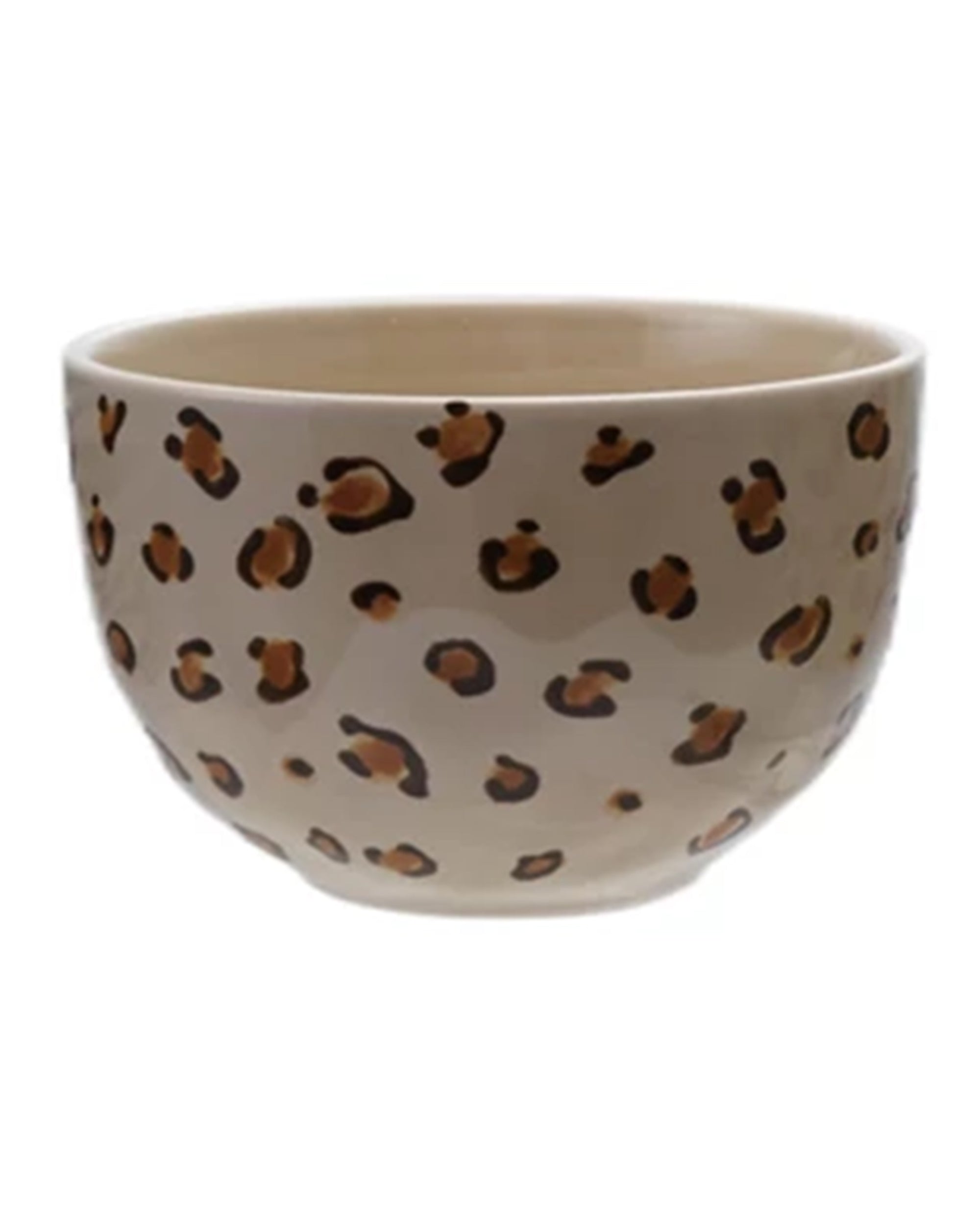The Creative Co-op Bowl with Animal Print features a beige stoneware design with a brown and black leopard pattern, perfect for serving small dishes.