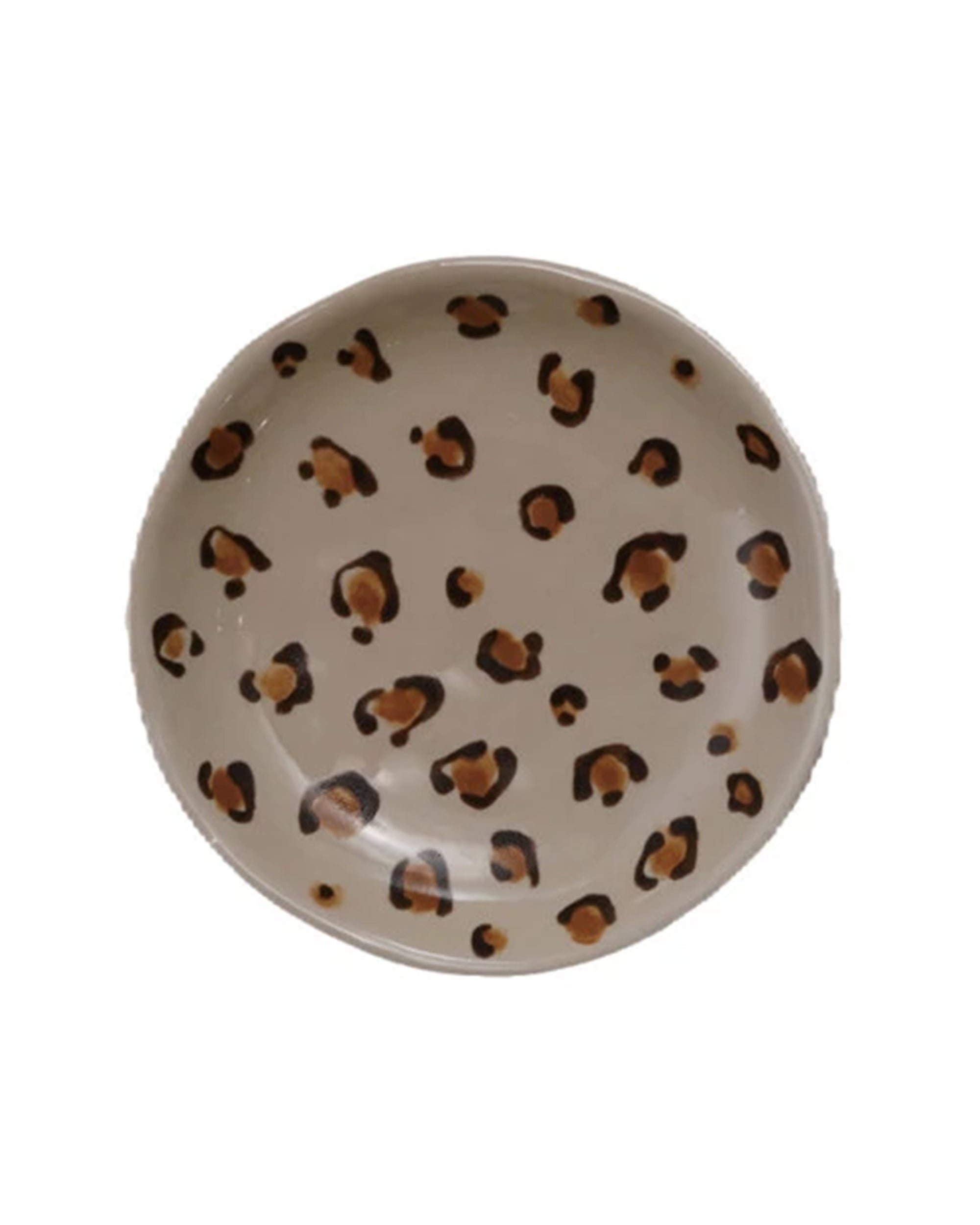 The Creative Co-op Dish with Animal Print is a round stoneware plate featuring a beige background and brown and black leopard print, displayed on a white surface.
