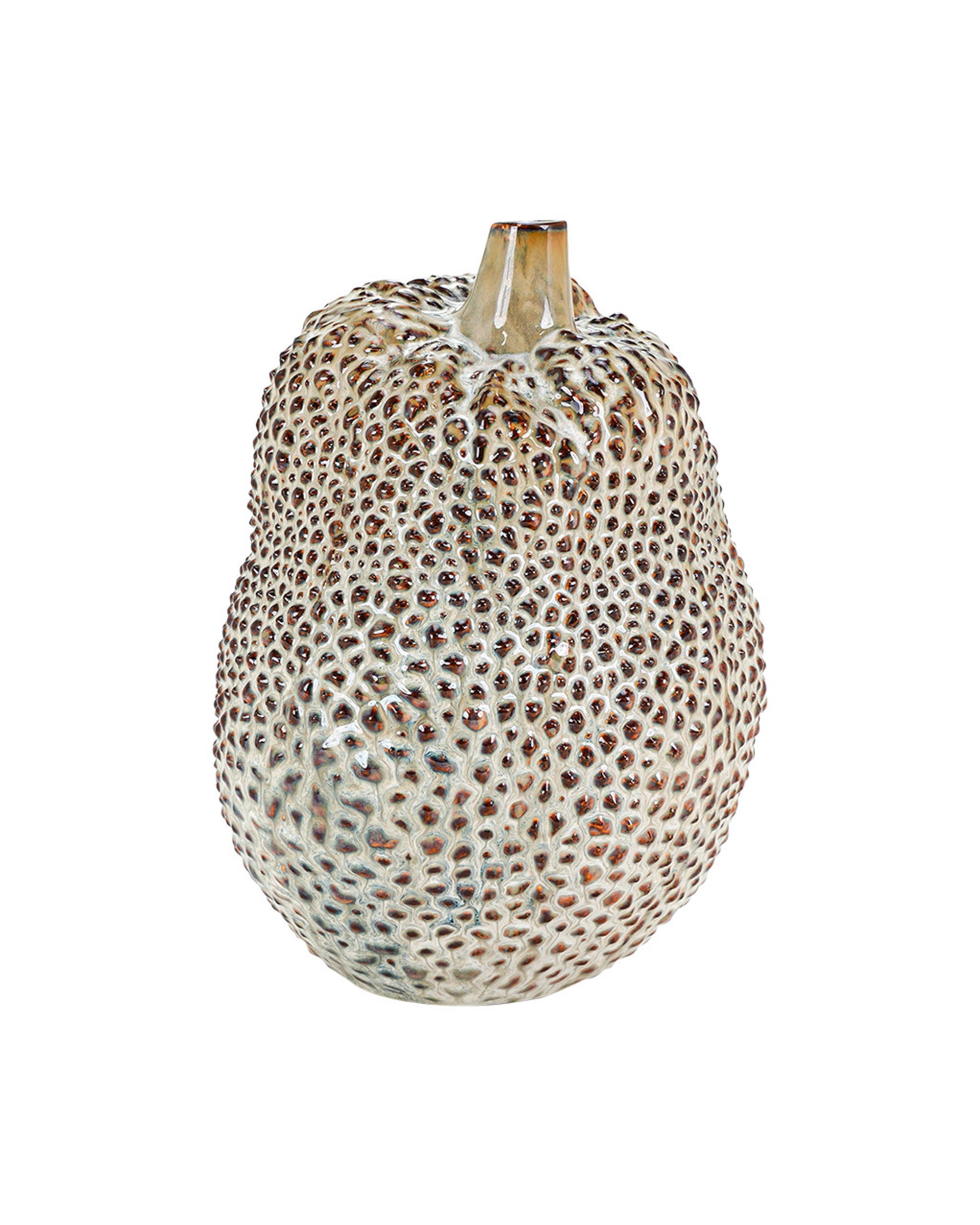 The Import Collection’s 20-675 Leston Tall Vase features a jackfruit texture and bumpy, mottled beige and brown glaze, making a sculptural accent against a white background.