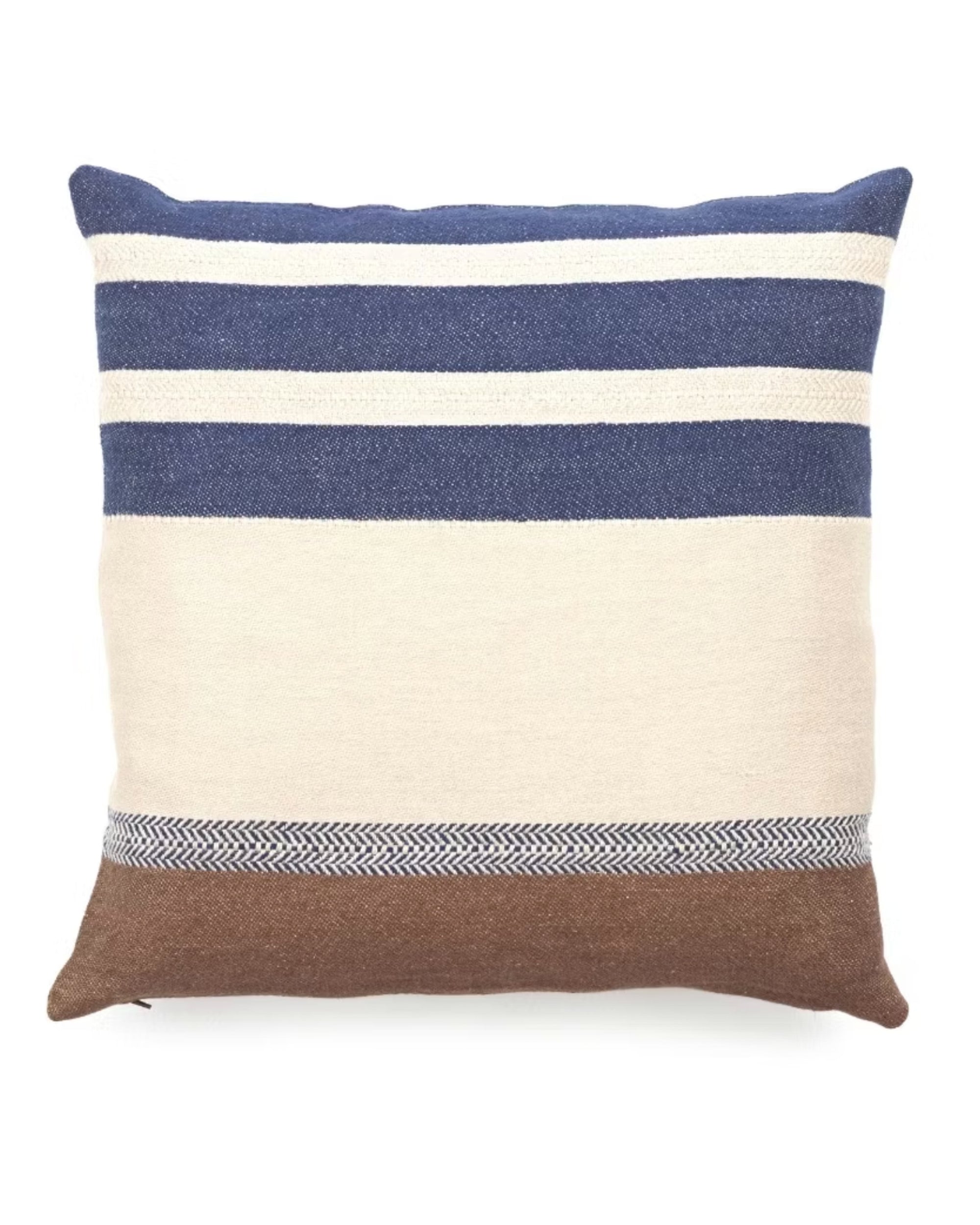 The Libeco Home Marina Stripe Pillow 20x20 features blue and white stripes, perfect for pairing with your favorite 20x20 insert.