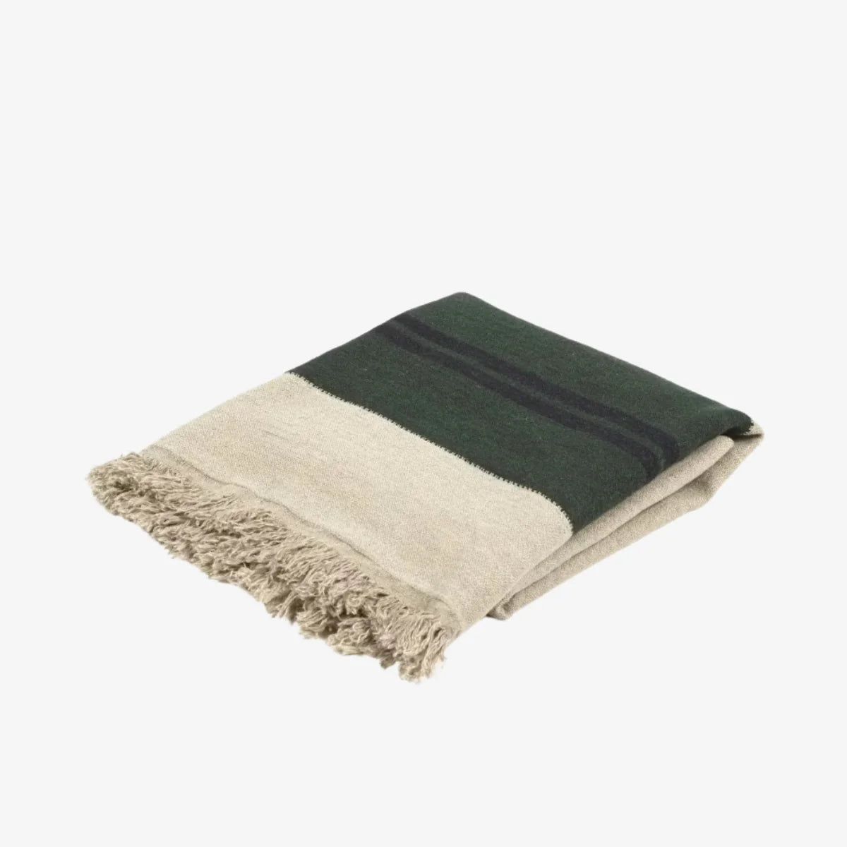 Beige and dark green striped throw with black accent and fringe, Libeco Home Omaha Stripe, shown on white background.