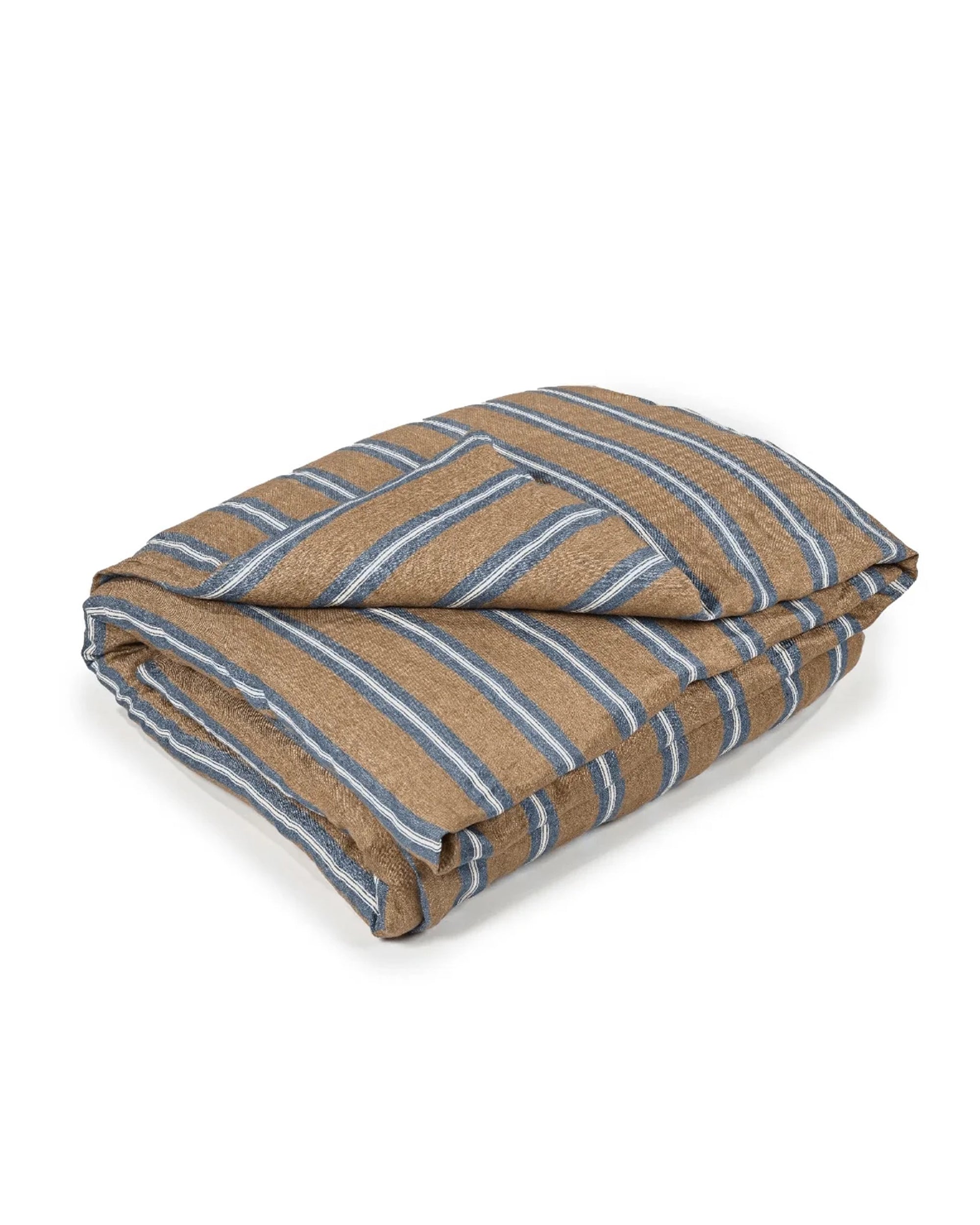 The Libeco Home Salem Duvet Cover Stripe Twin, featuring a brown base with blue and white horizontal stripes, is neatly folded and displayed on a plain white background.