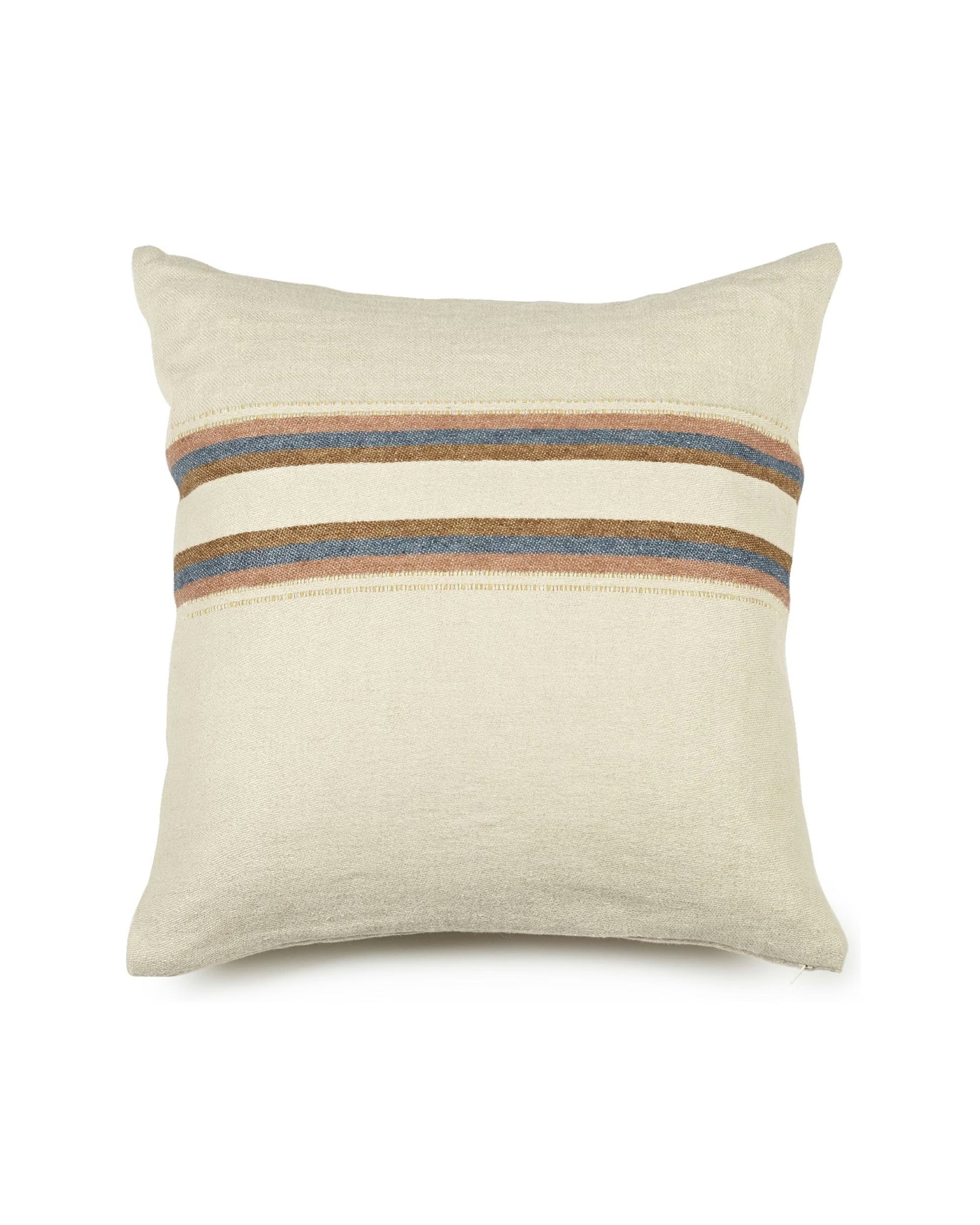 The Belgian Pillow by Libeco Home is a 20x20 decorative cushion with a light beige cover and two horizontal stripes in blue, brown, and tan—an elegant accent for any home.