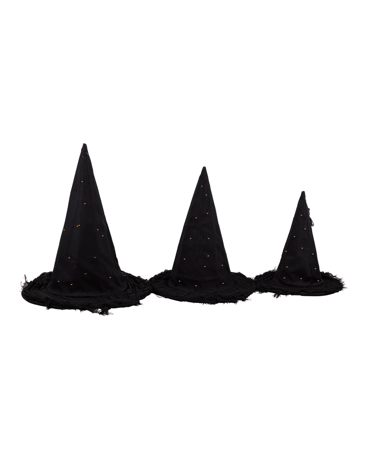 Set of three black witch hats with gold dots, battery powered lights, Bungalow Furniture &amp; Accessories Halloween decor.