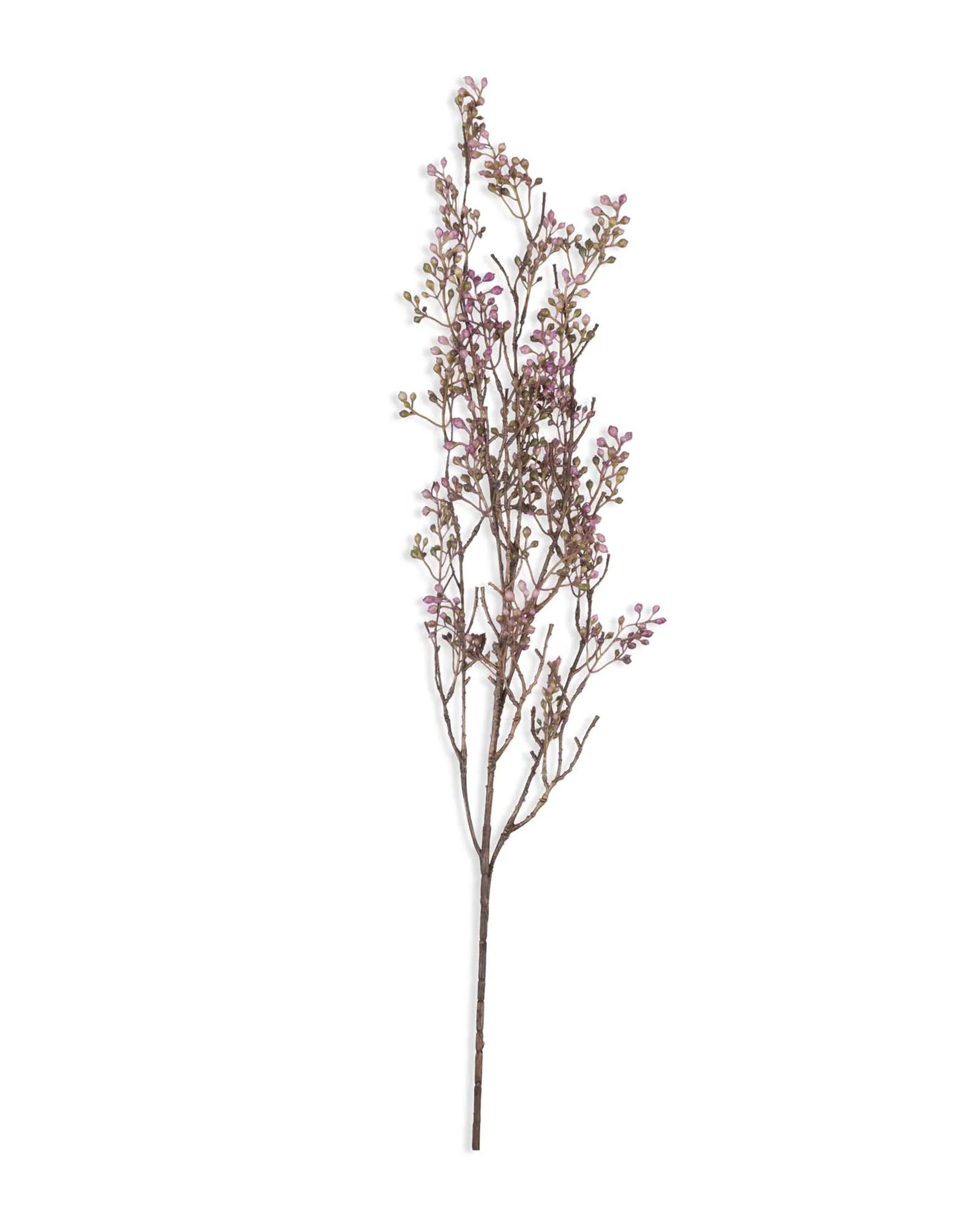 The Abigail Ahern AA-L11-012 Berry Branch Lilac features a long, thin stem with small branches holding clusters of tiny pink and green artificial berry buds and leaves, set against a plain white background.