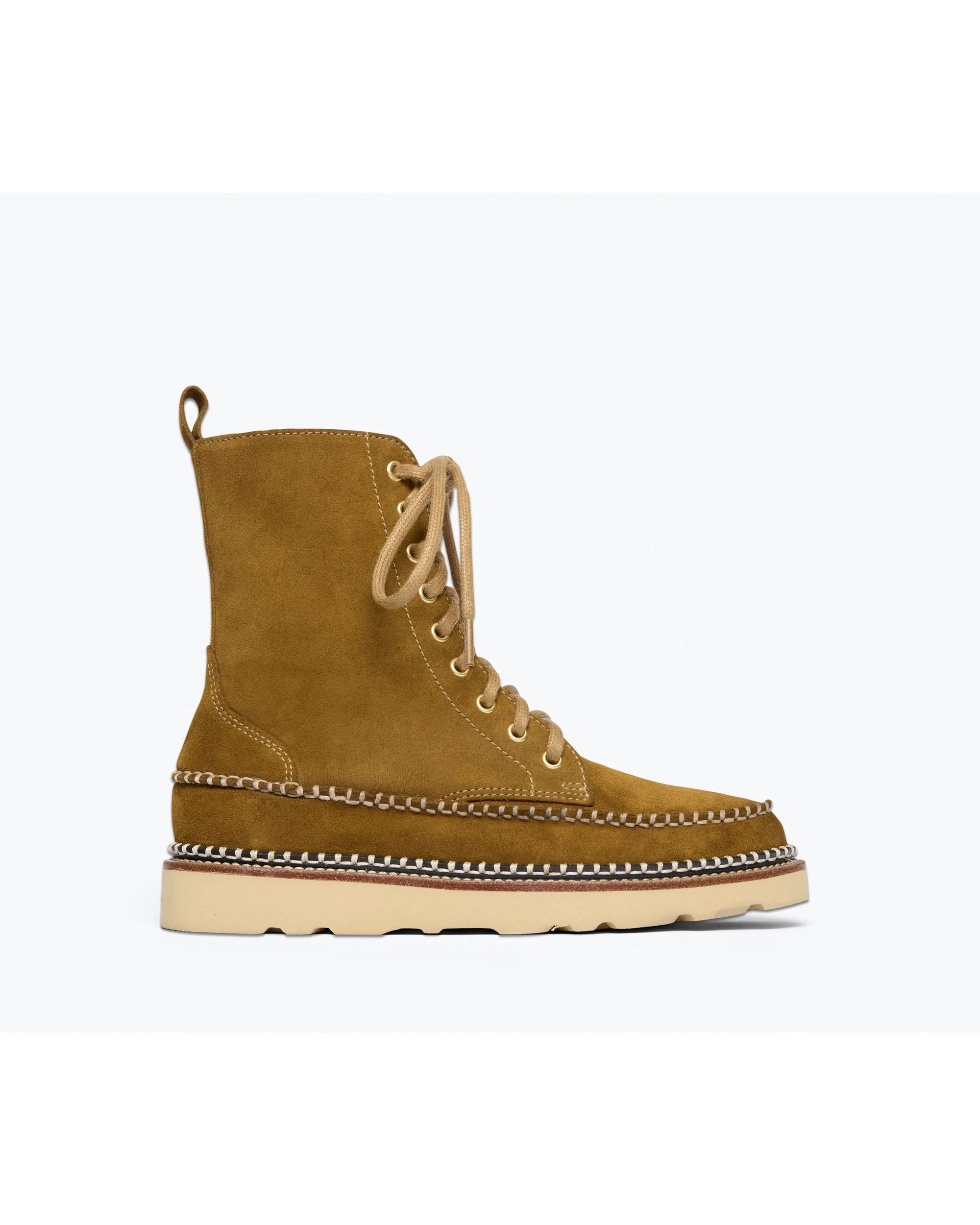 The LILLY BOOT by Freda Salvador is a tan suede lace-up combat boot with thick beige soles and decorative midsole stitching, crafted in premium suede and shown in side profile against a plain white background.