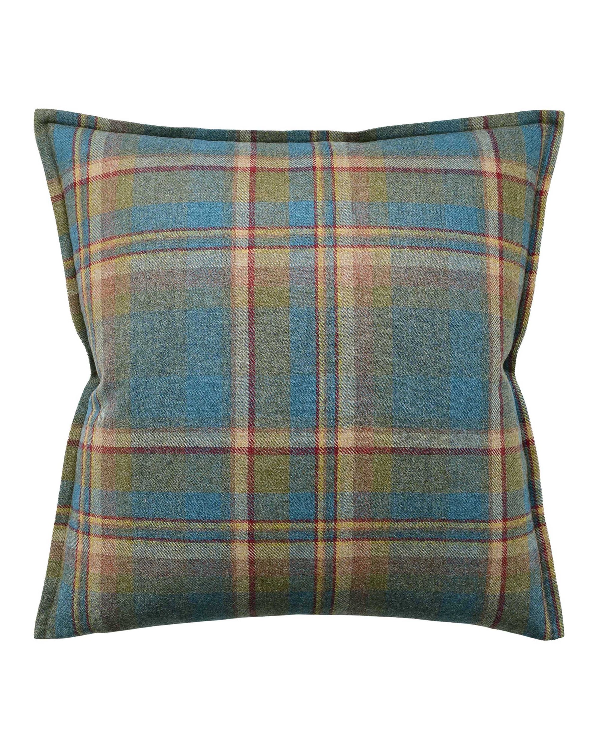 The Lindisfarne Plaid cushion by Ryan Studio features a square design with a blue, green, yellow, and red plaid on white and includes a soft wool insert.