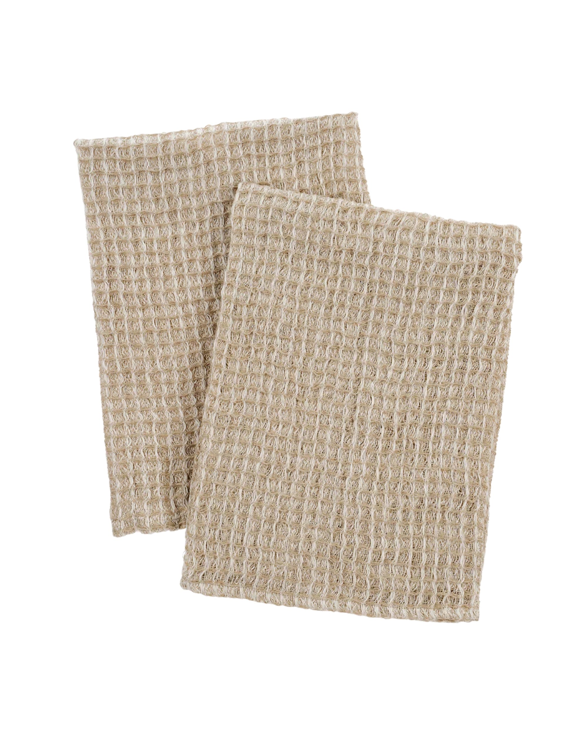 The Indaba 4-7523 Linen Tea Towel S/2 features two beige, textured linen waffle tea towels with a classic waffle weave, displayed slightly overlapping on a white background.