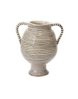 The Accent Decor 93775 Lines Vase is a cream-striped ceramic piece with two handles, a rounded body, small base, and wide mouth. Handcrafted with evenly spaced horizontal black stripes for a striking decorative display.