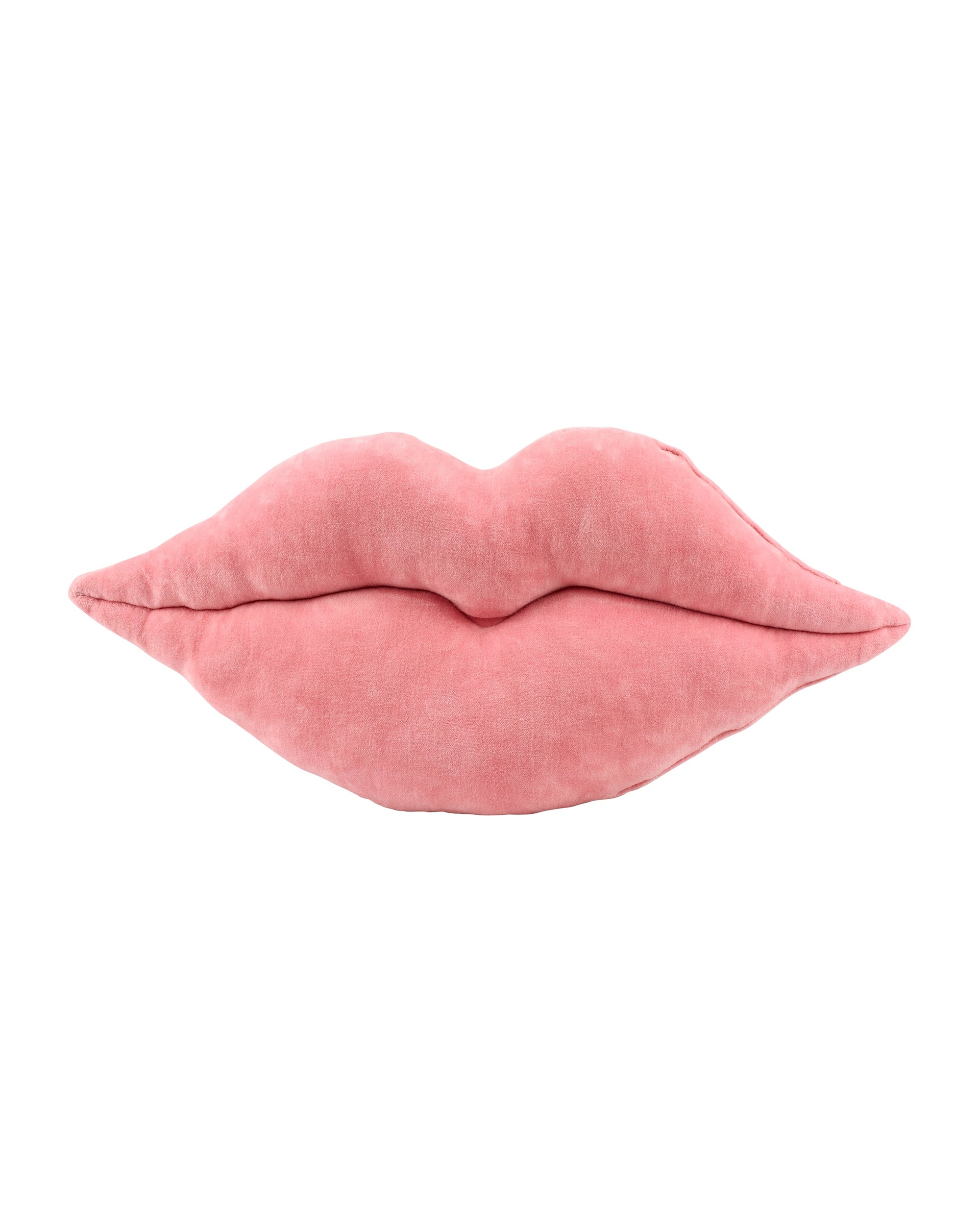 The Faire Lip Pillow is a soft pink plush pillow shaped like lips, ideal as a decorative accent or Valentine's Day gift, shown against a crisp white background.