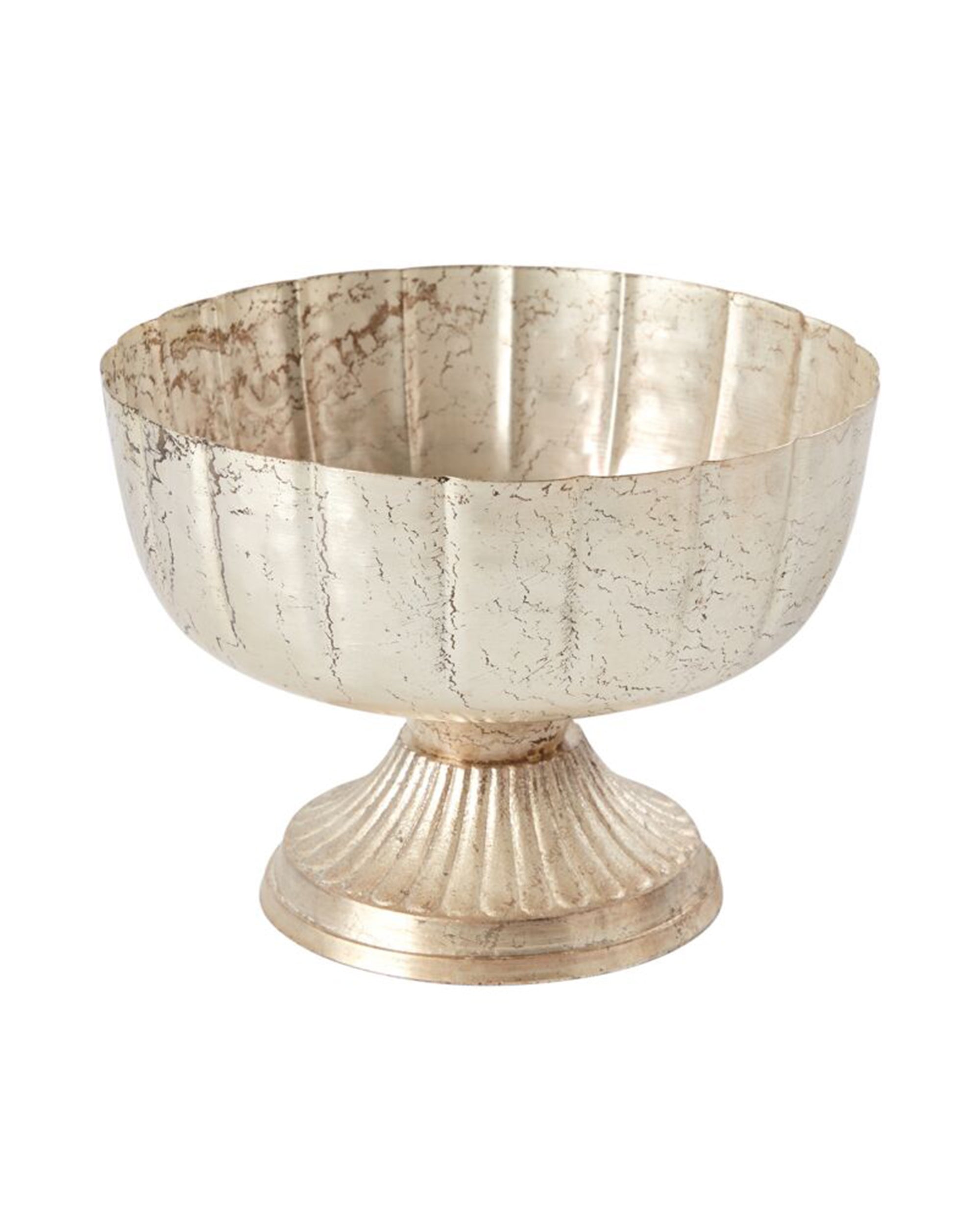 The 72011 Lita Compote L by Accent Decor is a silver-toned, footed metal centerpiece bowl with a wide fluted body and textured, slightly tarnished surface on a ribbed pedestal base.