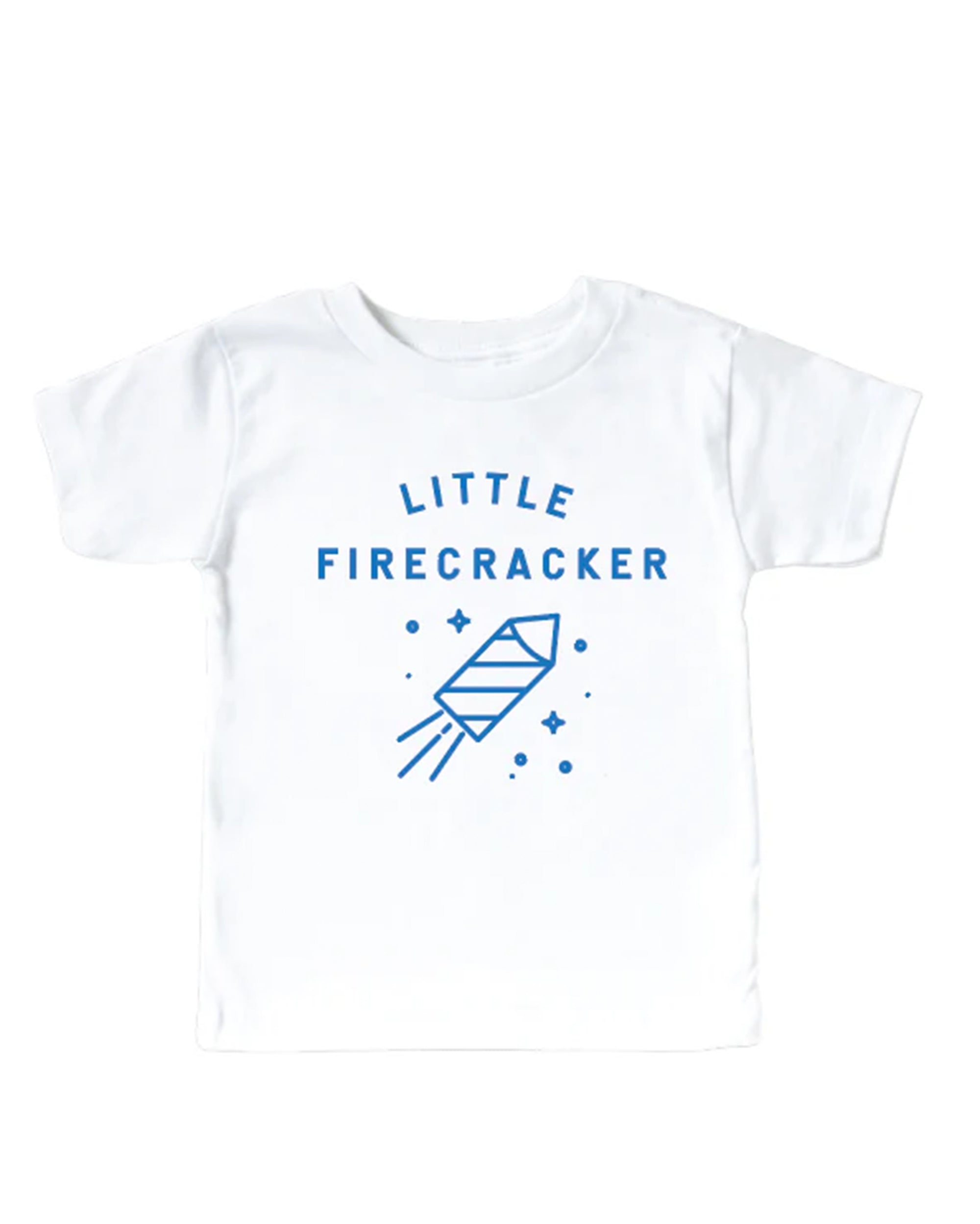 Faire's Little Firecracker Tee: a white toddler shirt featuring blue "LITTLE FIRECRACKER" text above a firecracker and sparkles—a festive patriotic style for little ones.