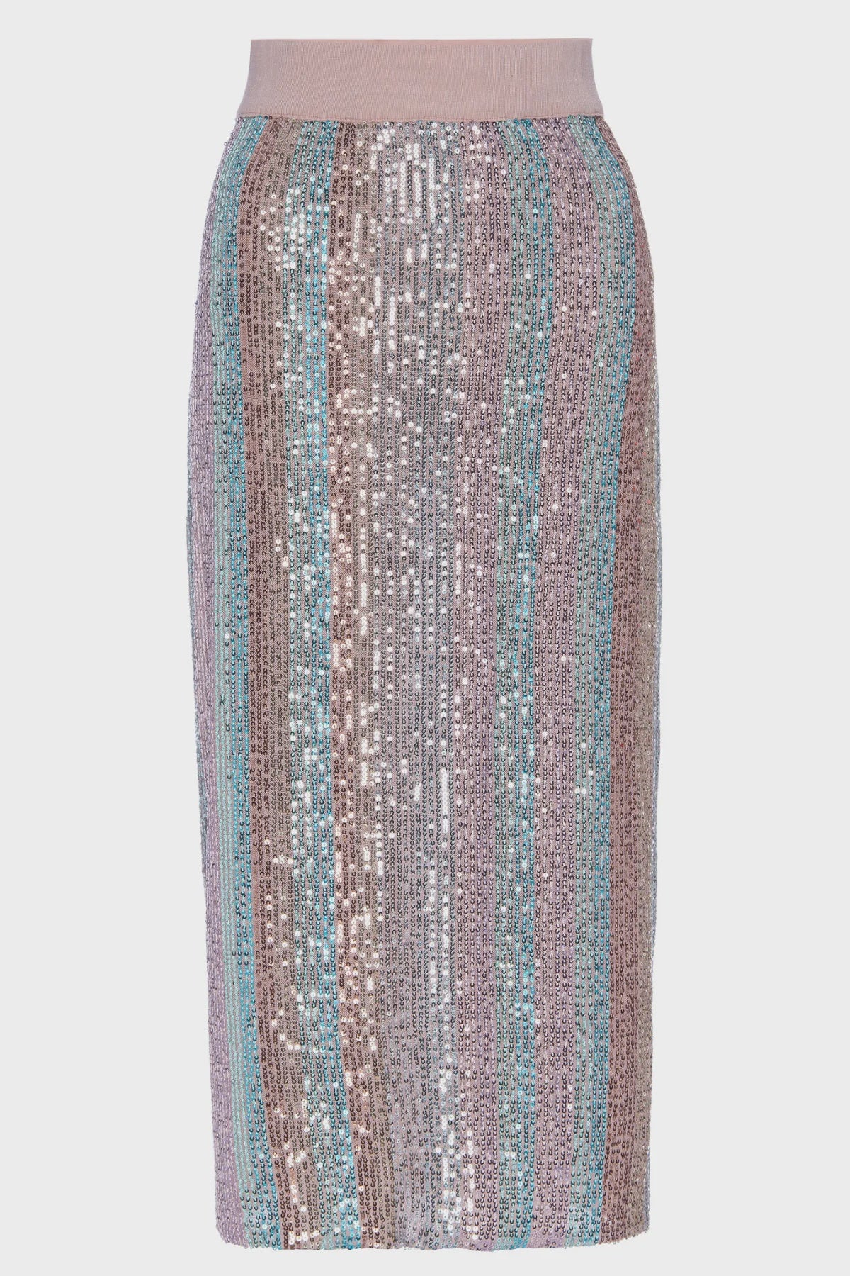 A colorful sequined Liza skirt with vertical stripes in shades of silver, pink, and teal, suitable for a fashion display in a Scottsdale Arizona bungalow by Le Superbe.