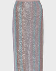 A colorful sequined Liza skirt with vertical stripes in shades of silver, pink, and teal, suitable for a fashion display in a Scottsdale Arizona bungalow by Le Superbe.