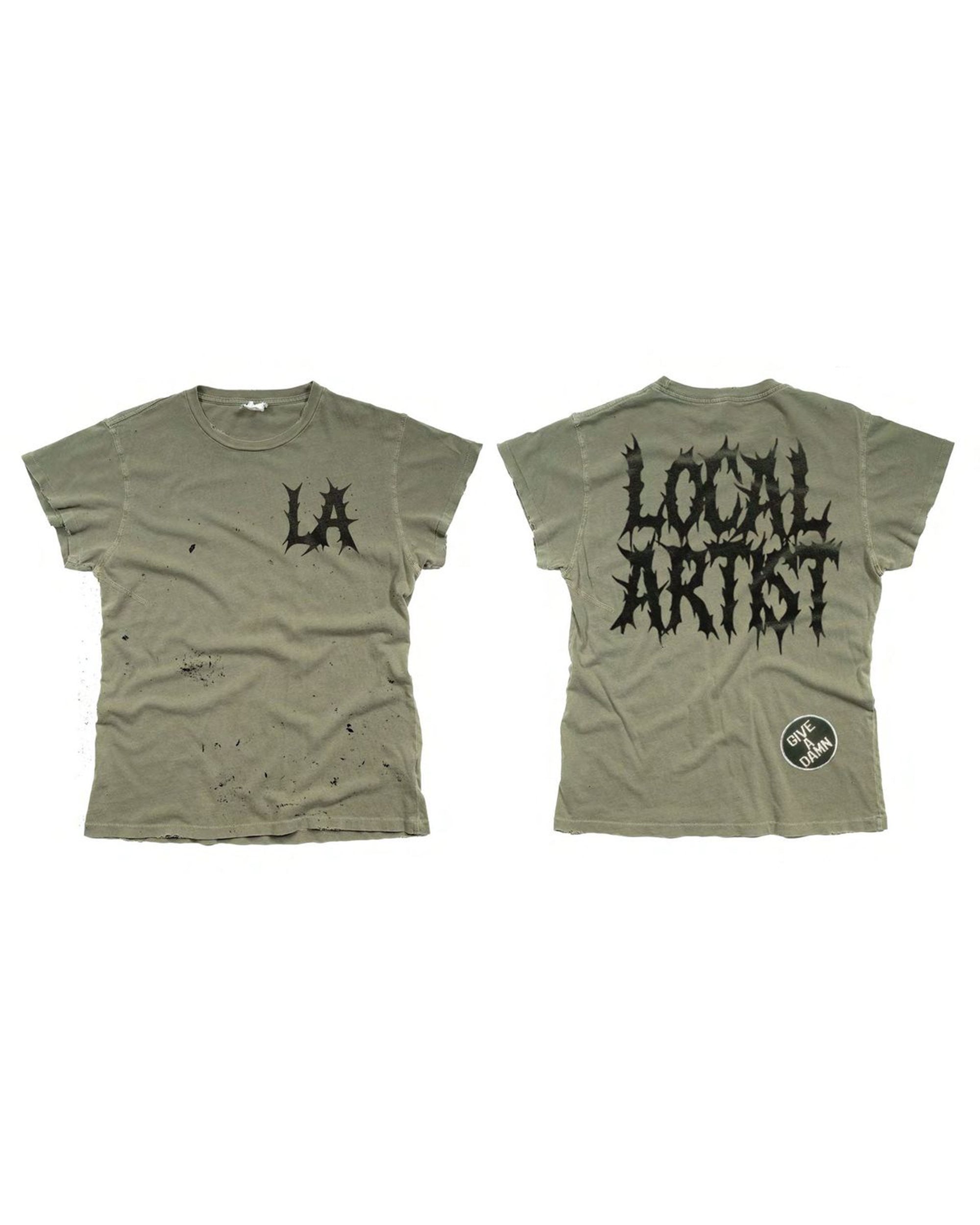 Olive cropped tee with black LA on front, Local Artist on back, paint splatter distressing by Made Worn.