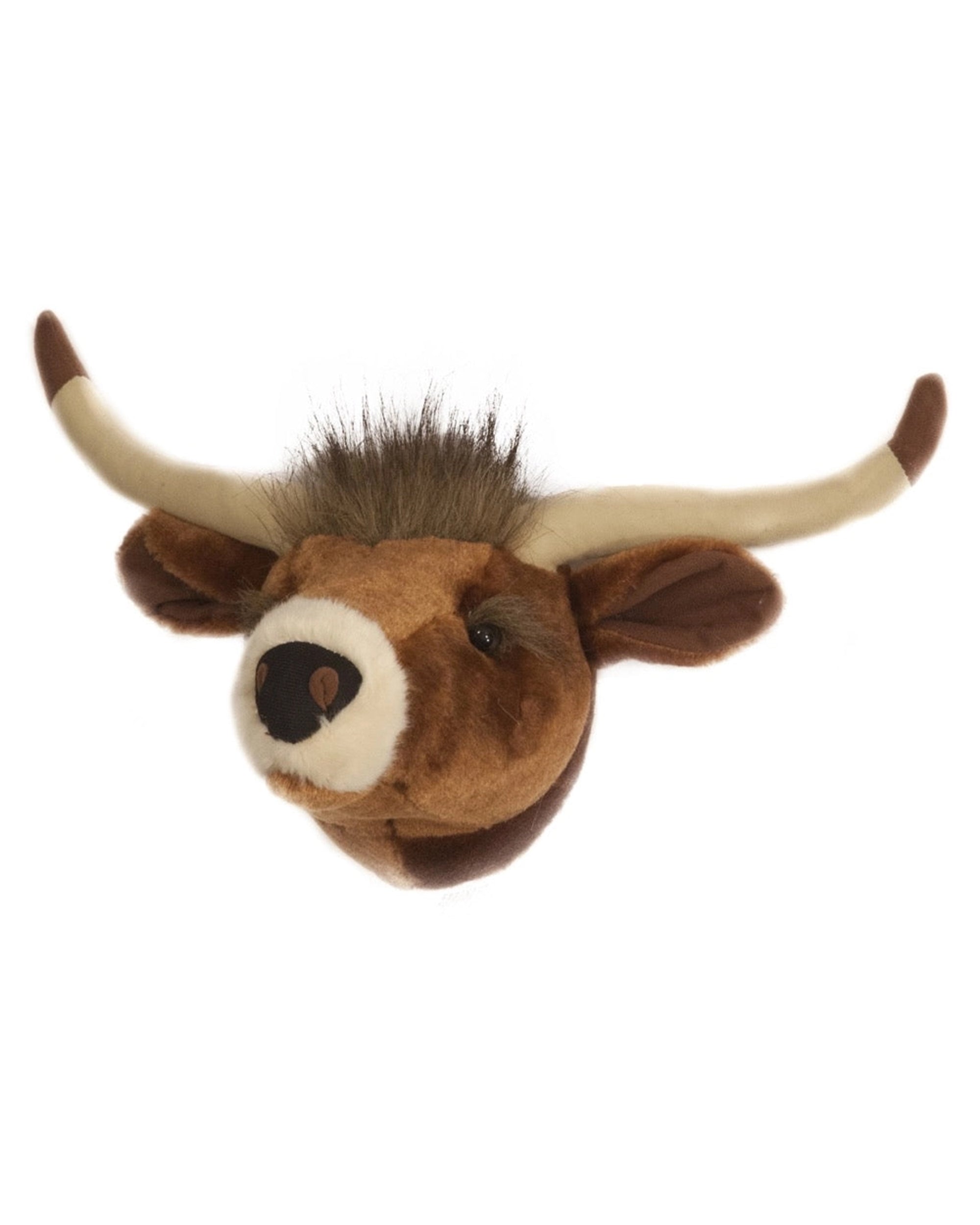 The Faire Longhorn Mini Trophy Head is a plush wall décor featuring large curved horns, brown fur, a white snout, and a dark brown tuft—perfect for adding rustic charm to any outdoor enthusiast's space.