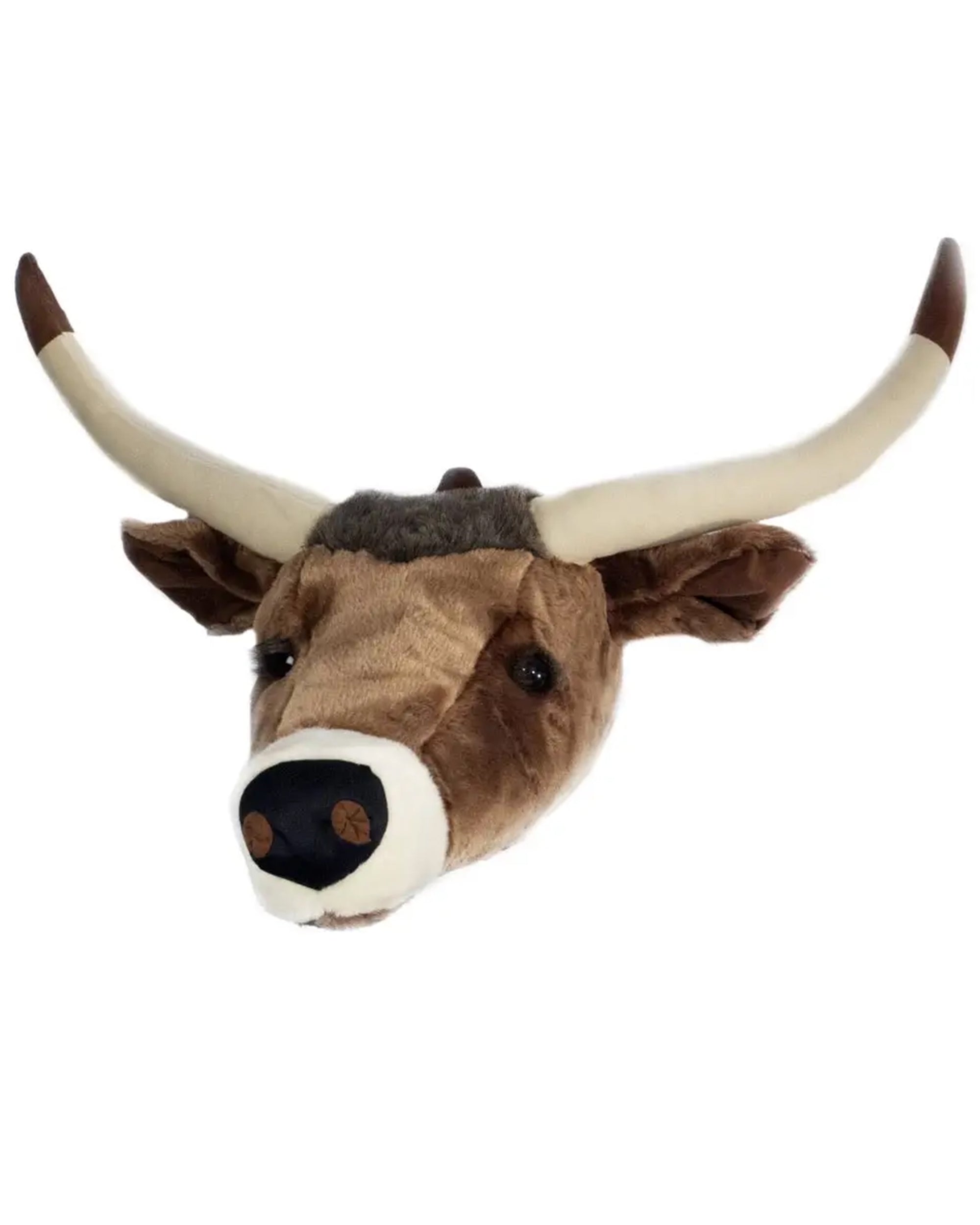 The Faire Longhorn Large Trophy Head is a plush wall décor piece featuring big white horns, soft brown fur, and button nostrils—perfect for adding cozy, rustic charm to any outdoor enthusiast's space.