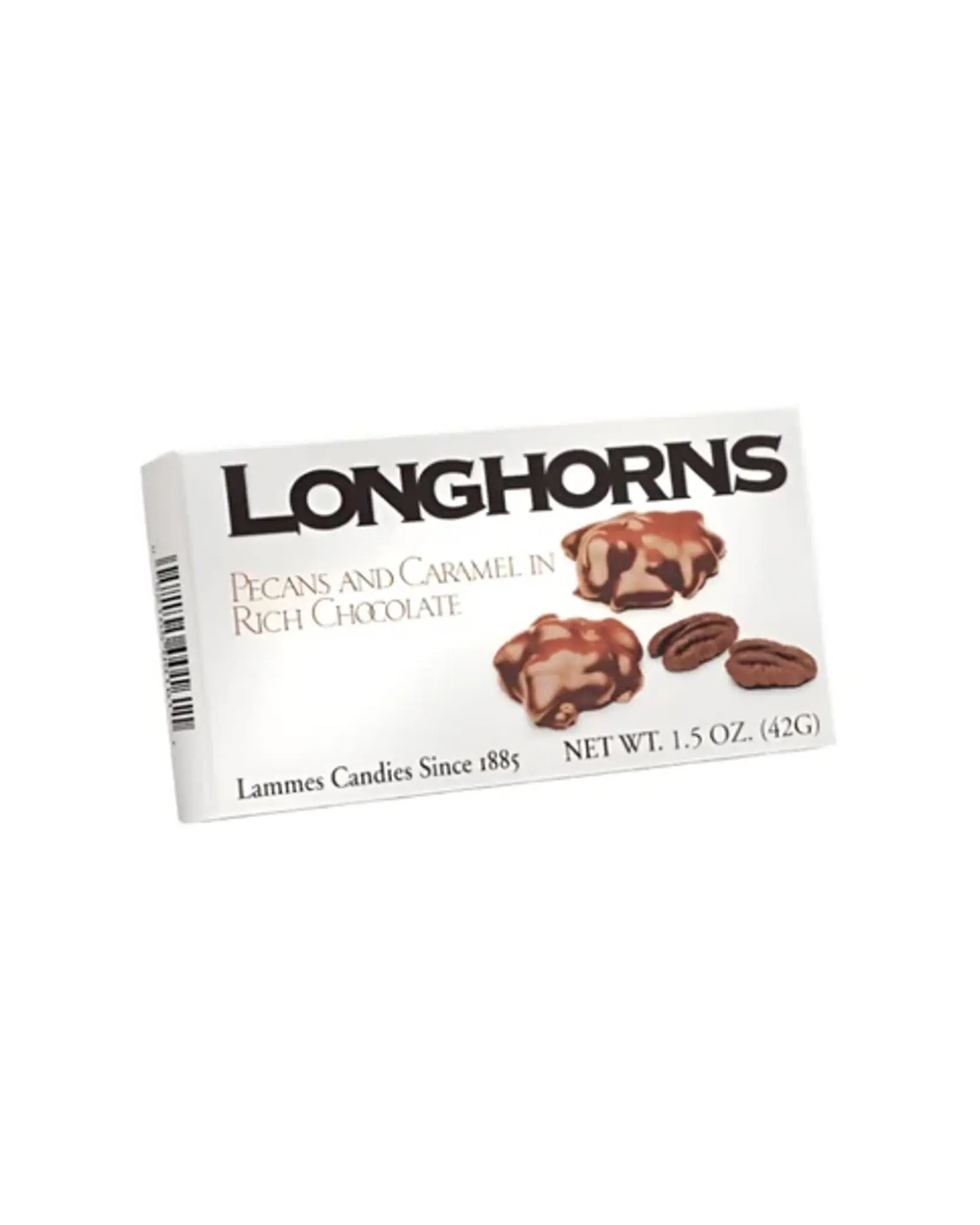 The Faire LC Longhorns Chocolate 1.5oz box shows Texas pecan and caramel chocolate clusters, described as “Pecans and Caramel in Rich Chocolate”—a true Texas twist on the classic chocolate turtle.