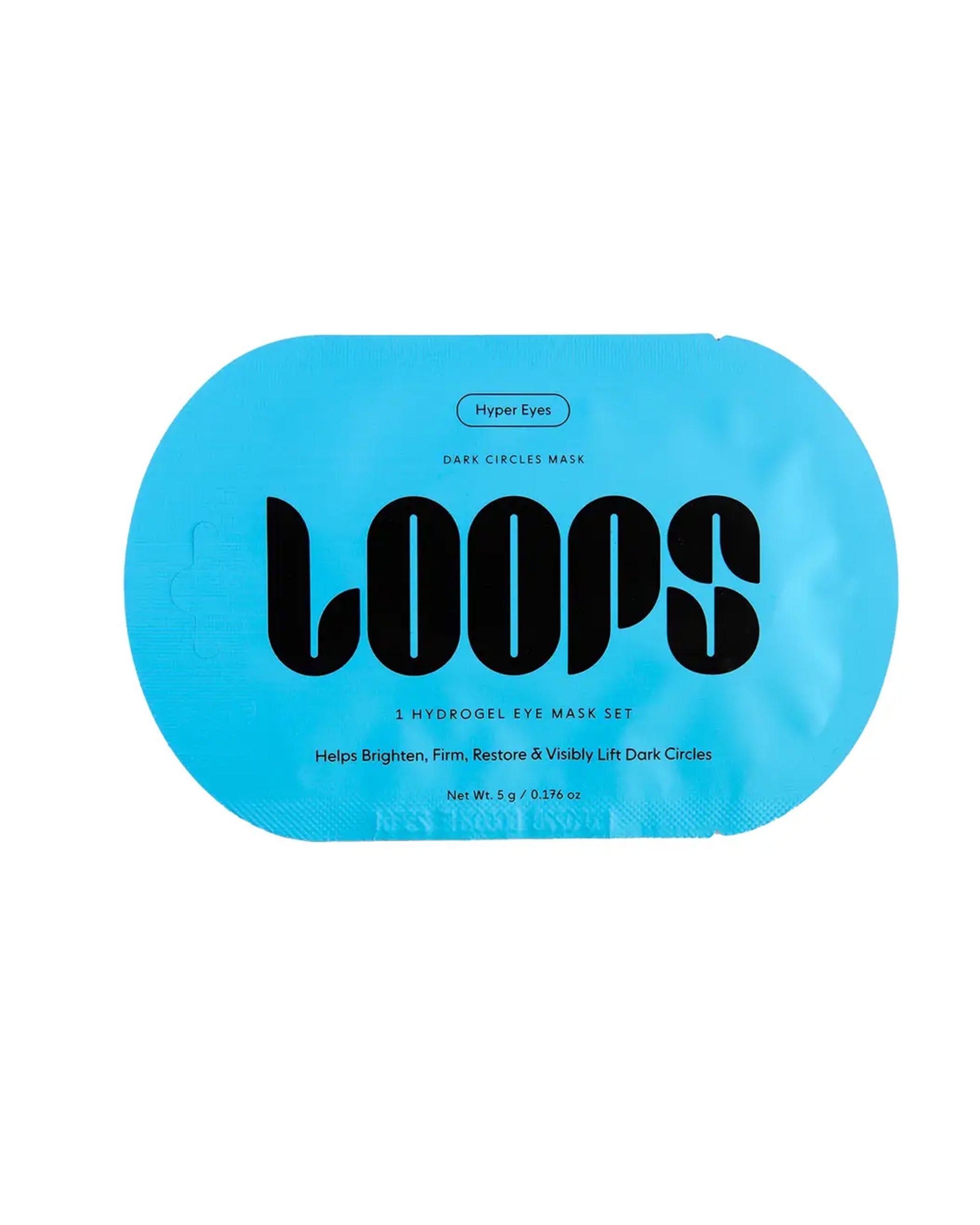 A blue, flat rectangular packet with rounded edges labeled "Hyper Eyes Mask" by Faire contains a hydrogel eye mask to brighten tired eyes, visibly lift dark circles, and help firm, restore, depuff, and refresh the under-eye area.